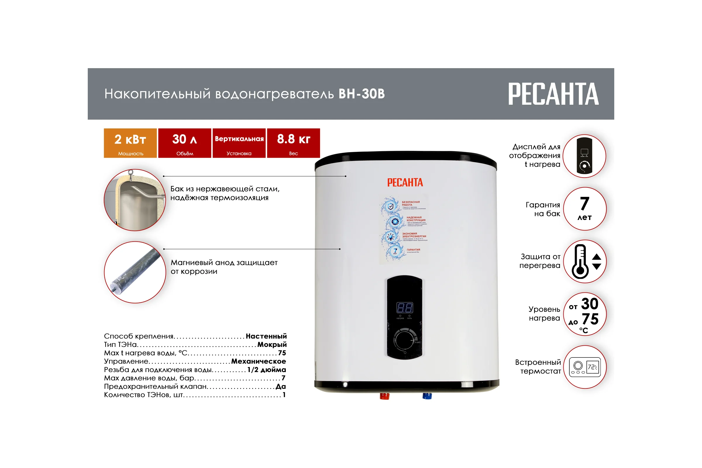 Накопительный водонагреватель Ресанта ВН-30В 74/5/1