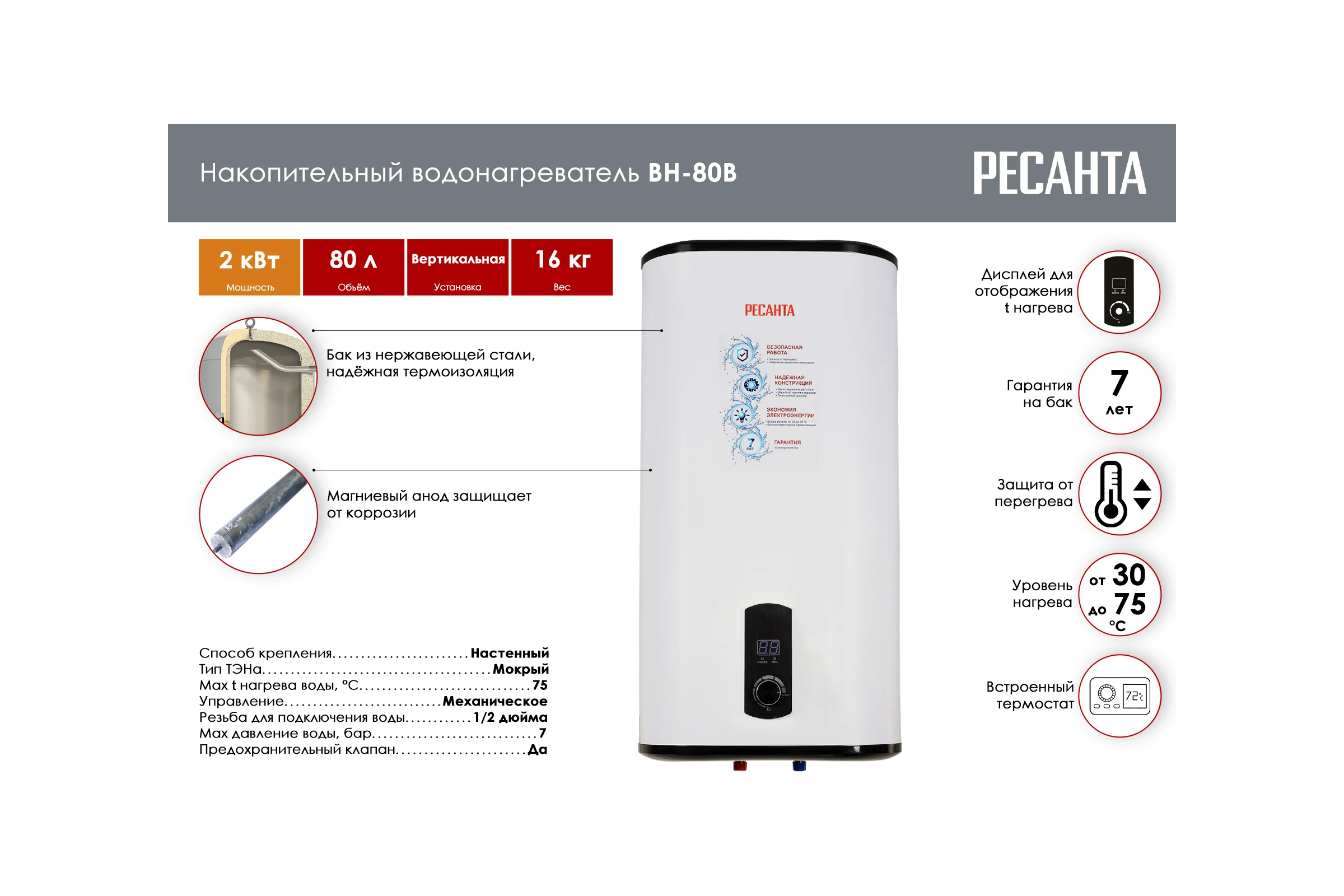 Накопительный водонагреватель Ресанта ВН-80В 74/5/3