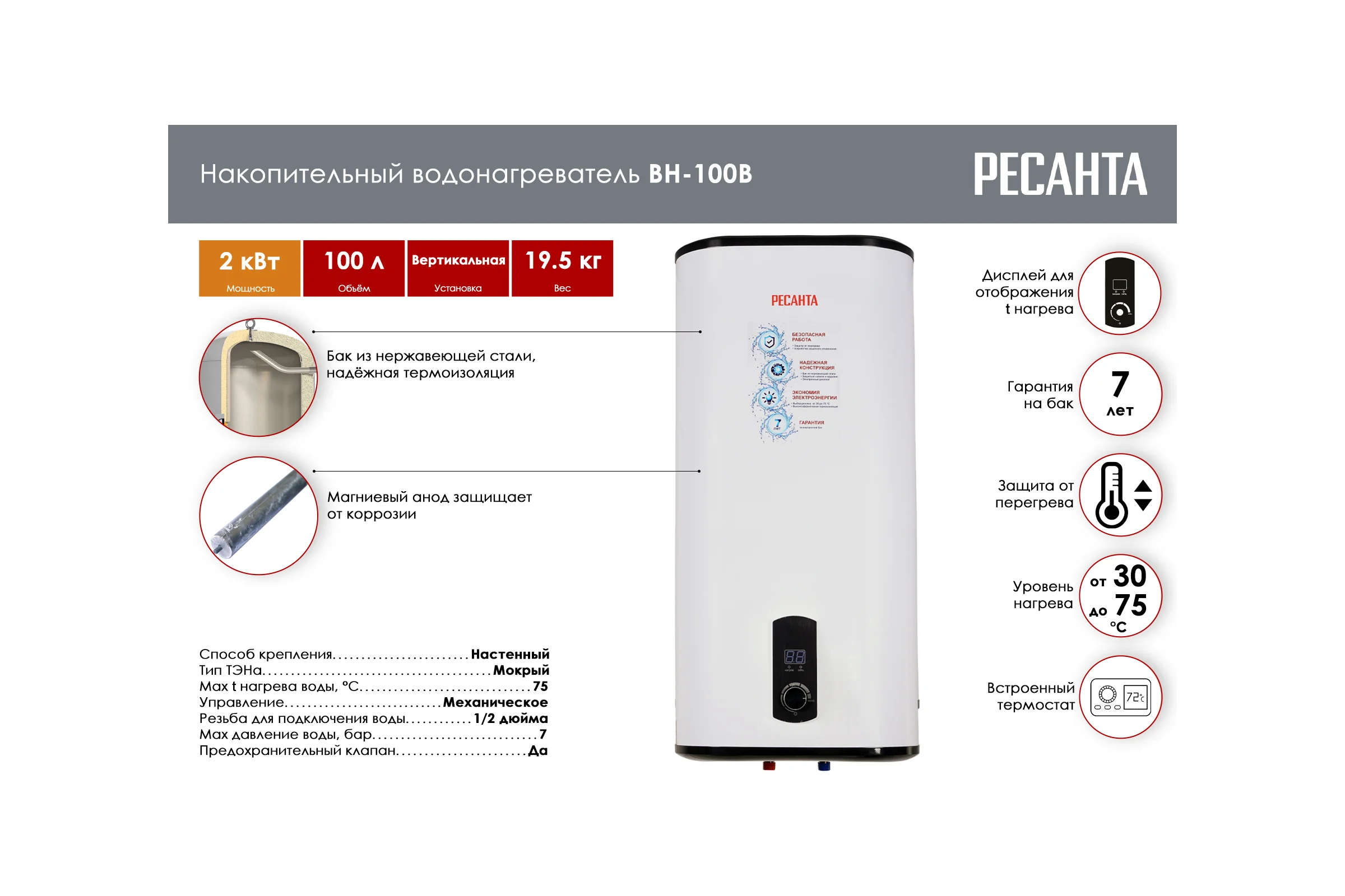 Накопительный водонагреватель Ресанта ВН-100В 74/5/4