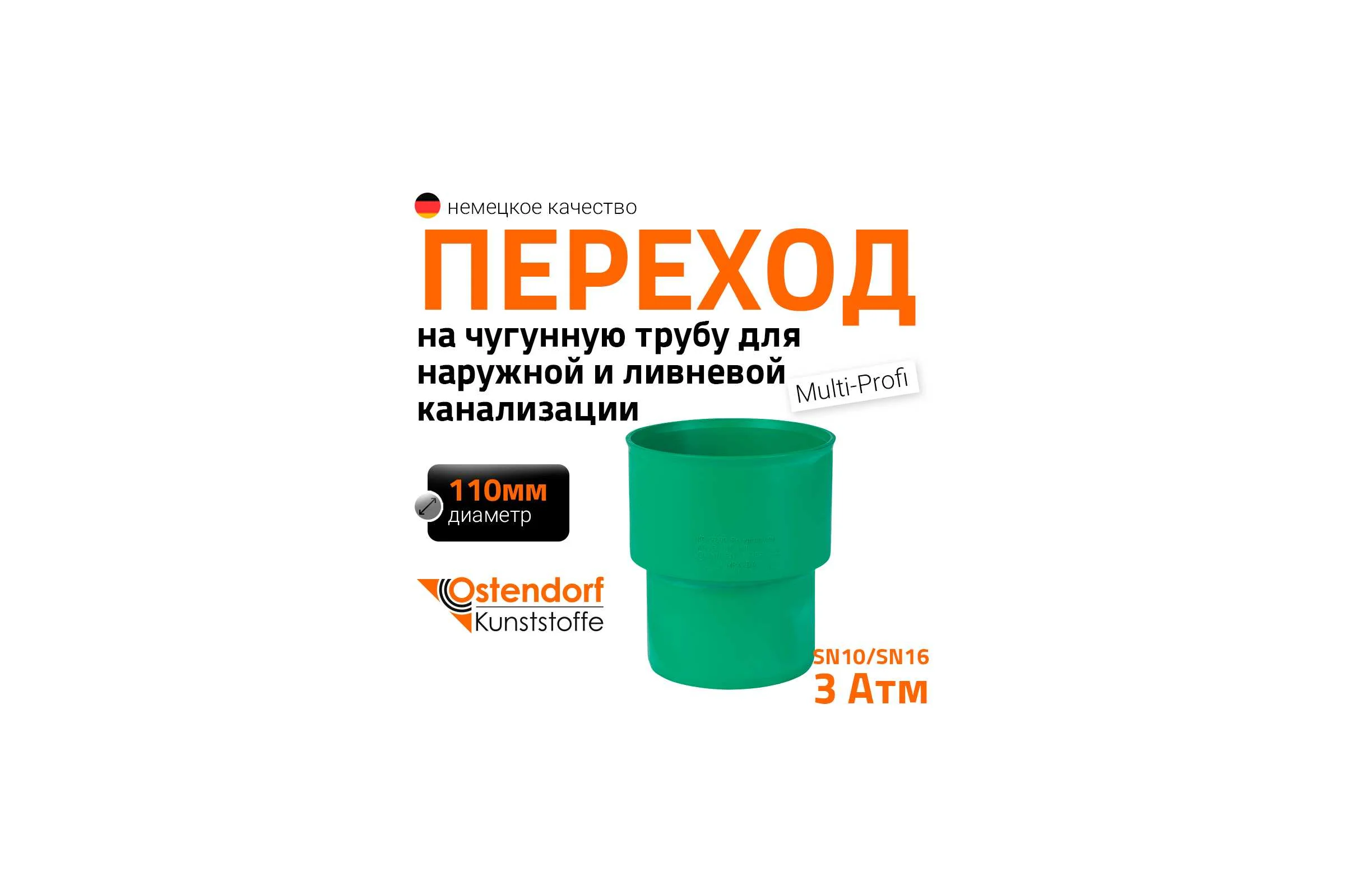 Переход ПП на чугунную трубу Ostendorf для наружной канализации, 110 мм 778320