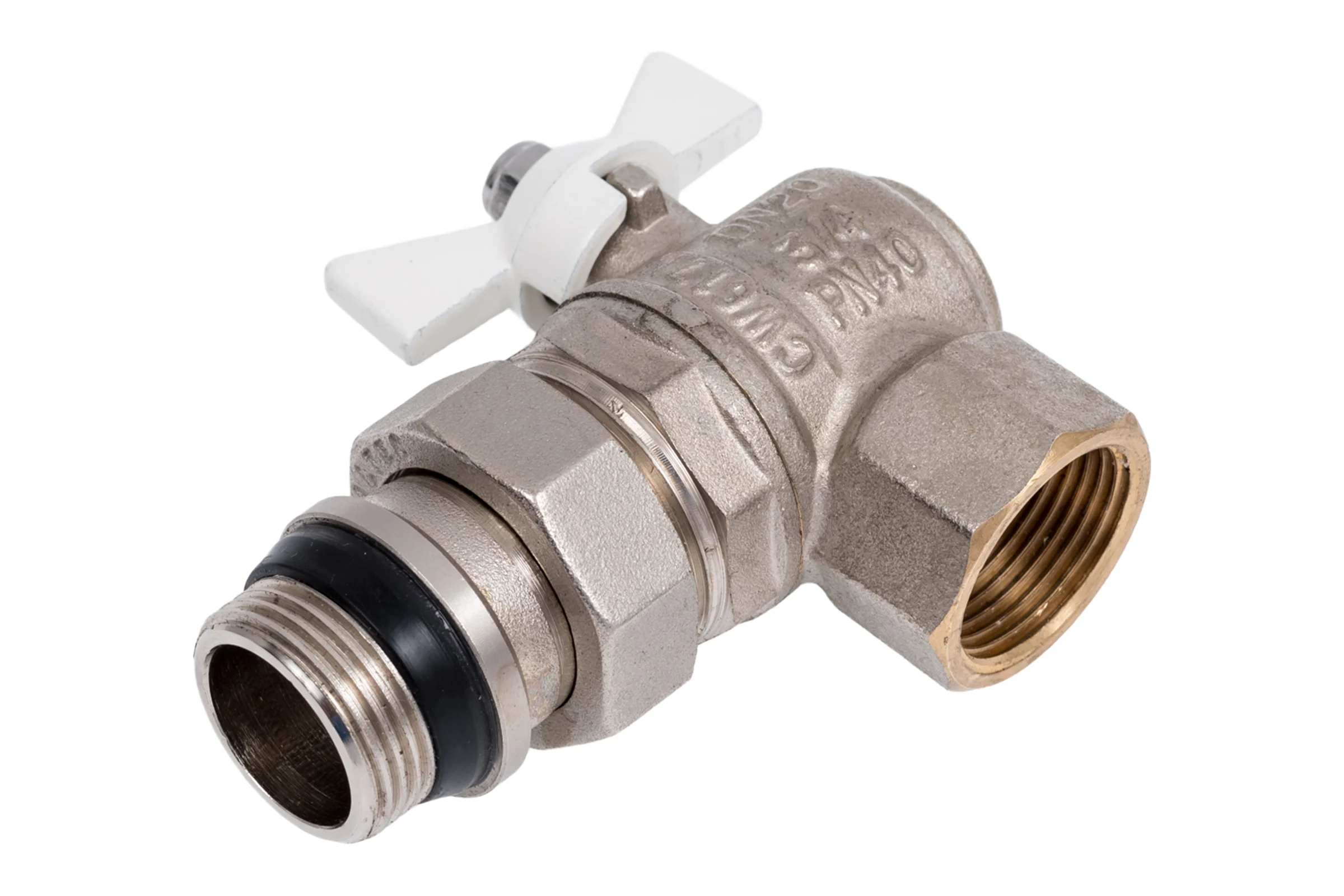 Шаровый кран VALTEC BASE угловой с полусгоном, 3/4 внутренняя-наружная, с дополнительным уплотнением, белая рукоятка VT.228.NRW.05