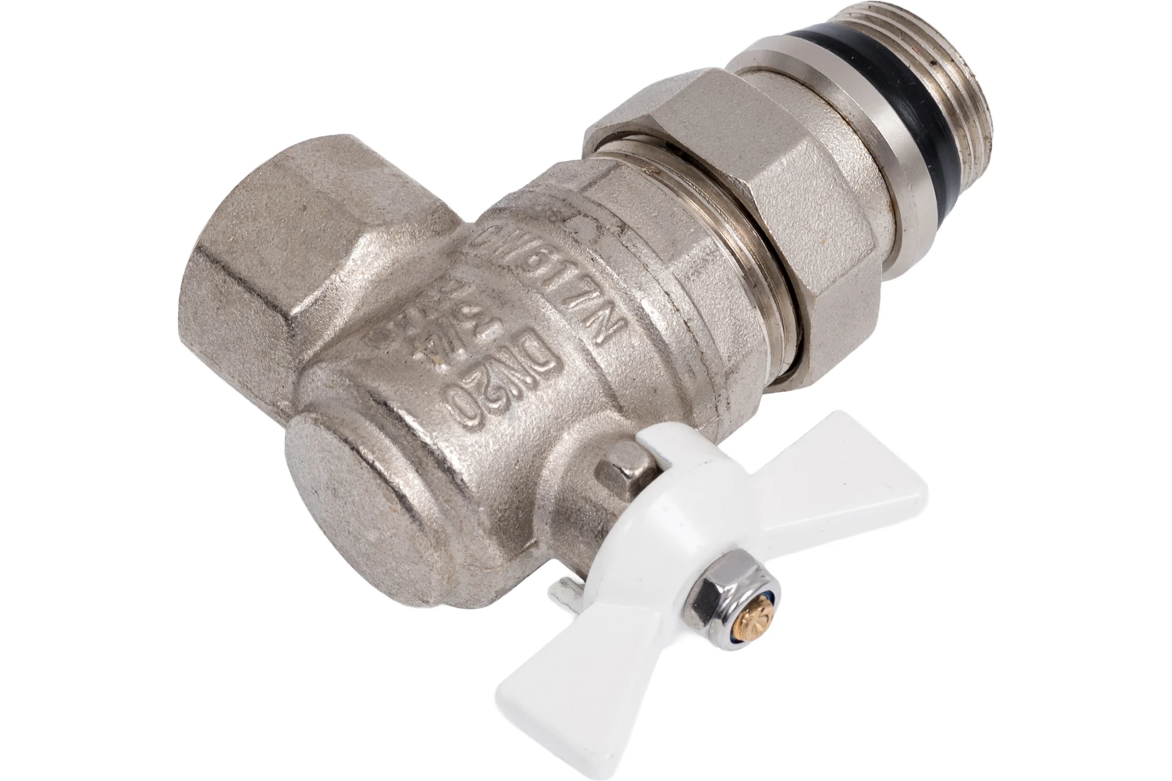 Шаровый кран VALTEC BASE угловой с полусгоном, 3/4 внутренняя-наружная, с дополнительным уплотнением, белая рукоятка VT.228.NRW.05
