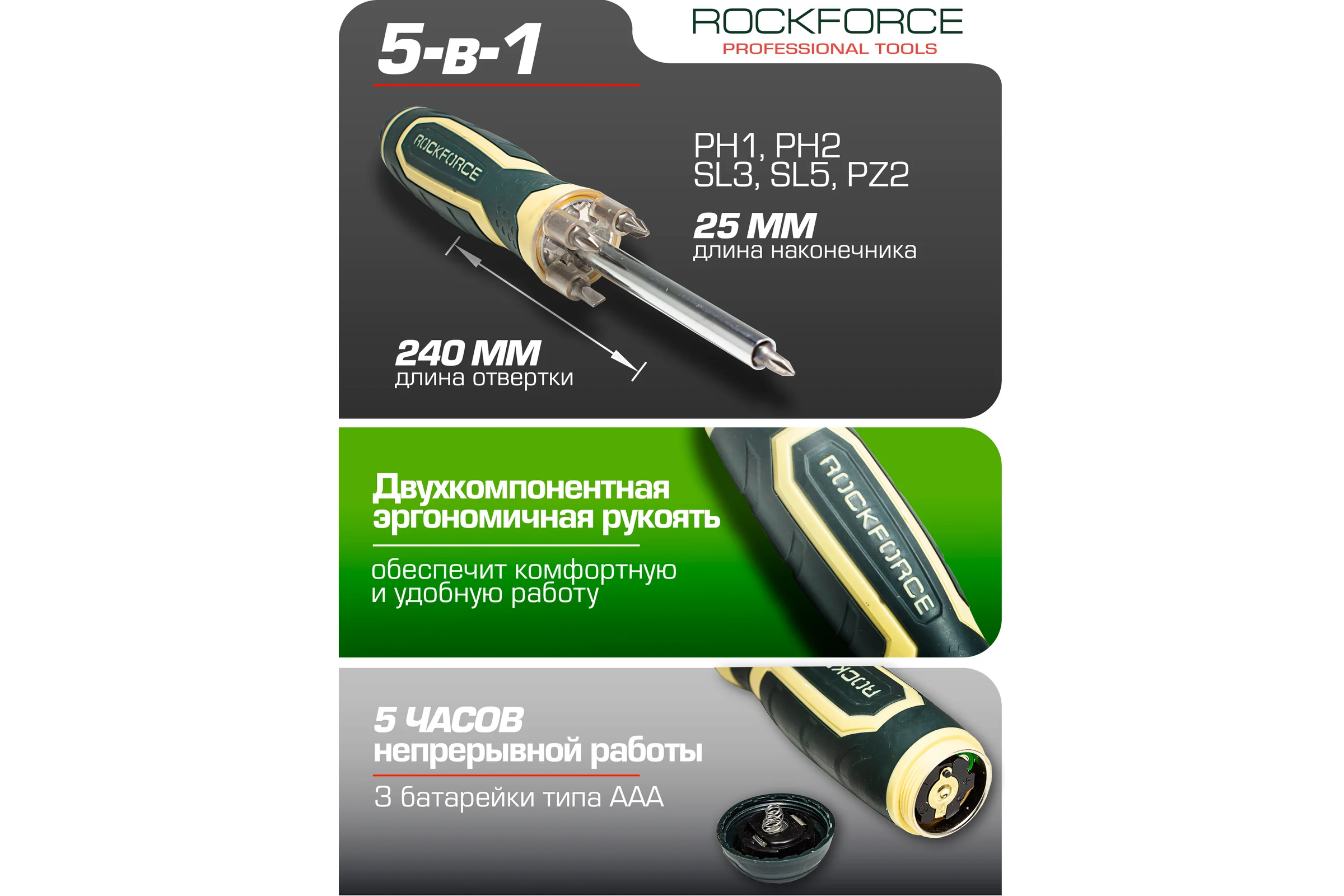 Отвертка Rockforce универсальная реверсивная с подсветкой 4LED и комплектом бит, L-250мм RF-303854(16839)