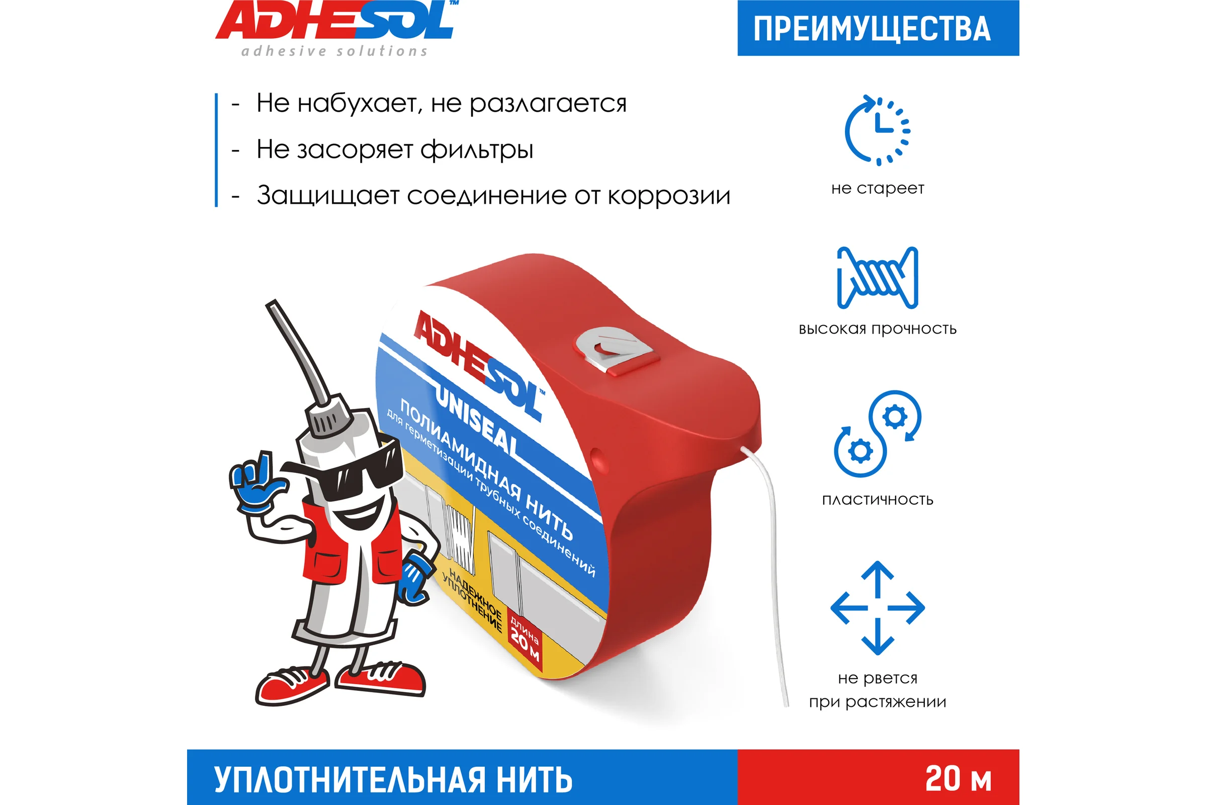 Уплотнительная сантехническая нить для герметизации резьбовых соединений ADHESOL uniseal 20 м, лента от протечек НП1000