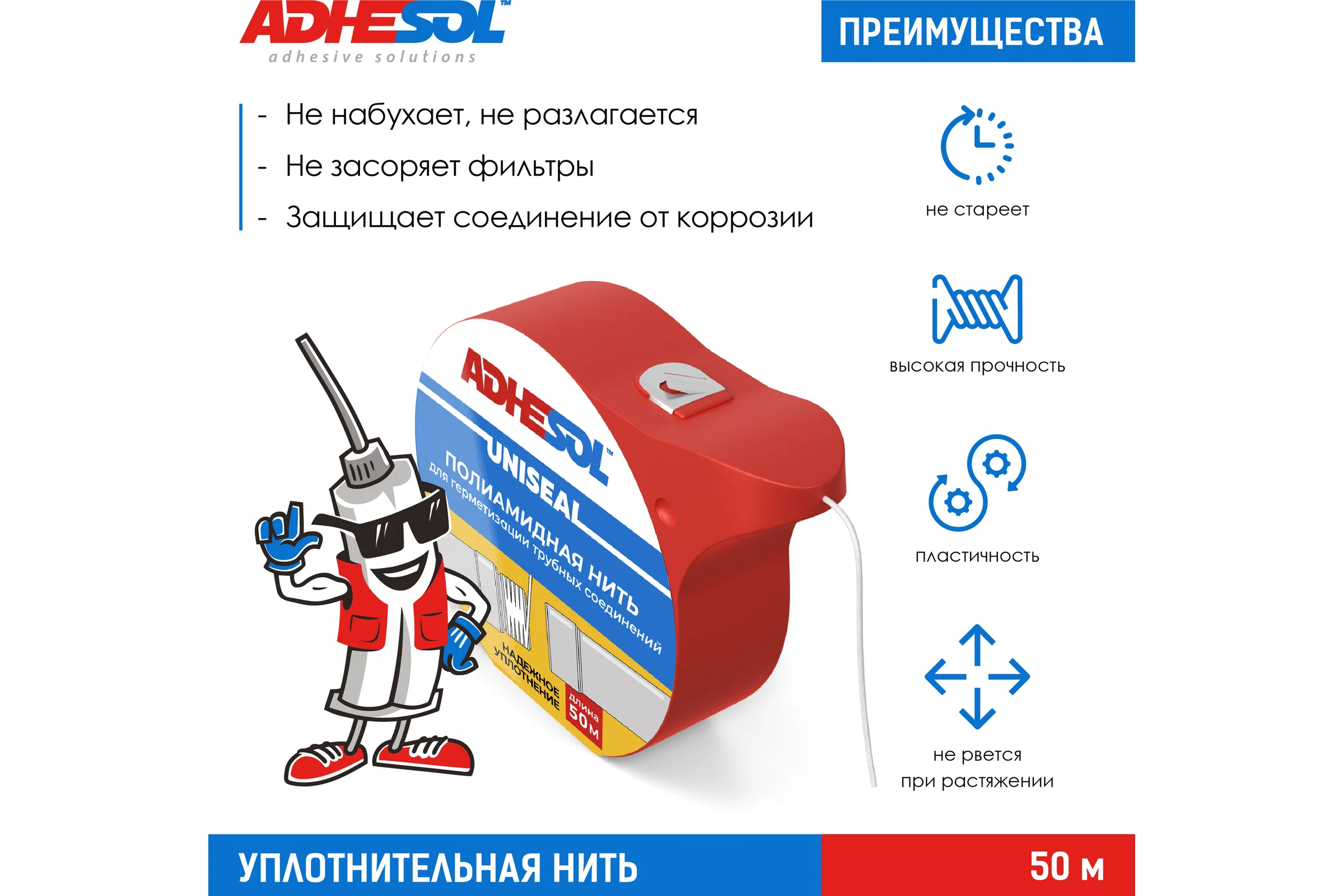 Уплотнительная сантехническая нить для герметизации резьбовых соединений ADHESOL uniseal 50 м, лента от протечек НП1001