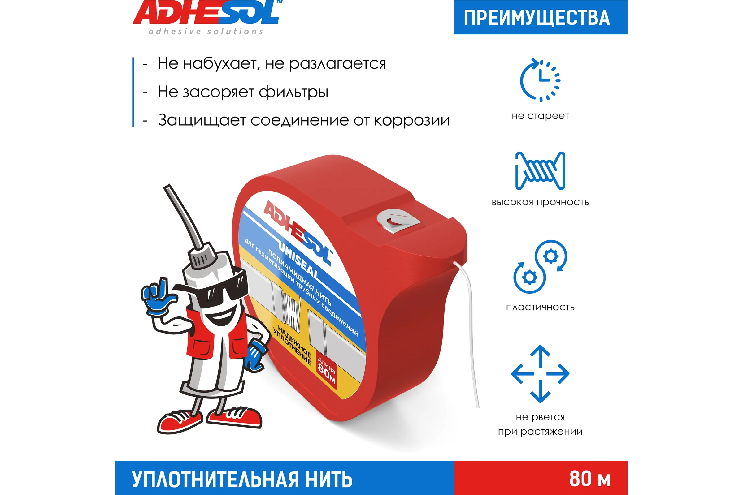 Уплотнительная сантехническая нить для герметизации резьбовых соединений ADHESOL uniseal 80 м, лента от протечек НП1002