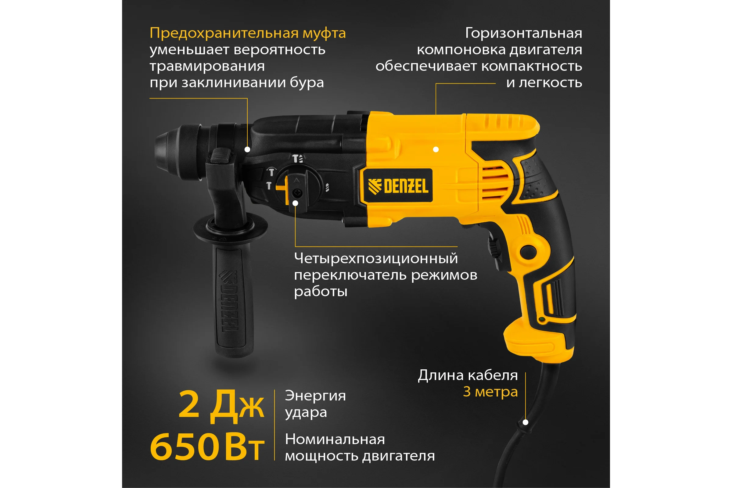 Электрический перфоратор DENZEL RH-650-18 26603