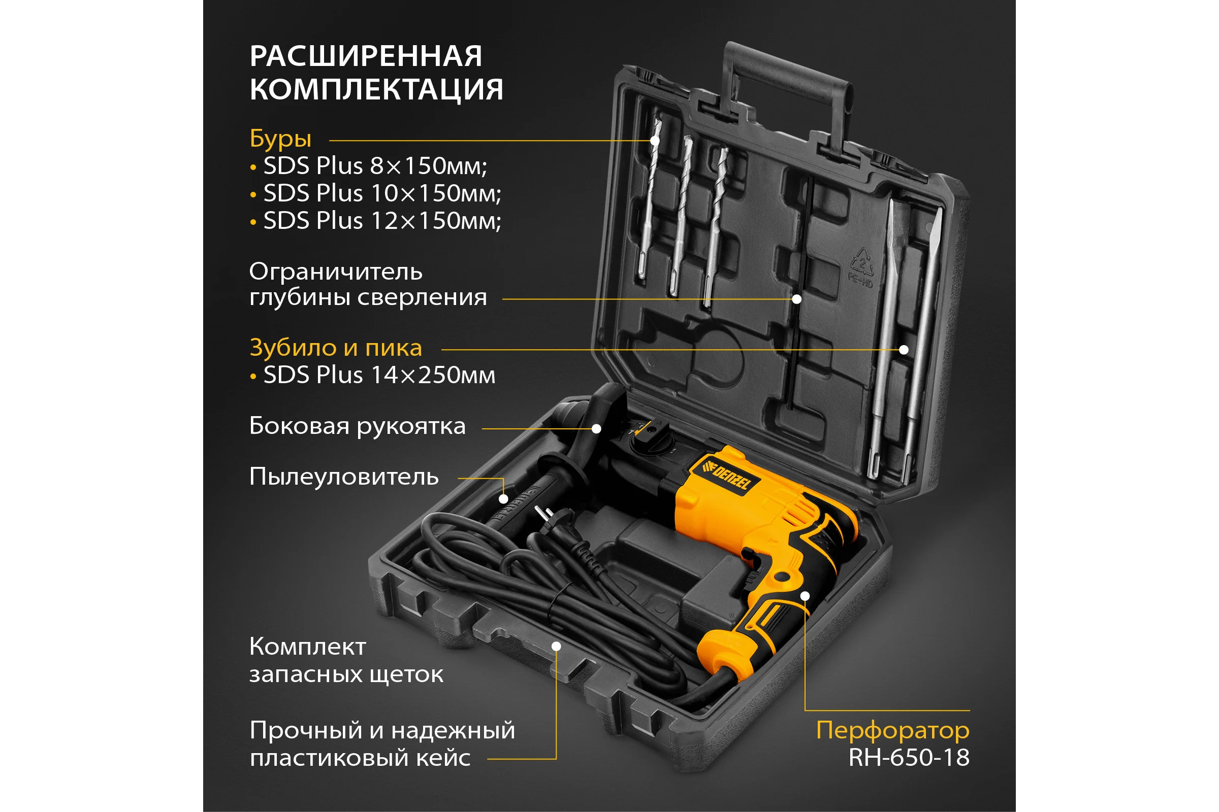 Электрический перфоратор DENZEL RH-650-18 26603