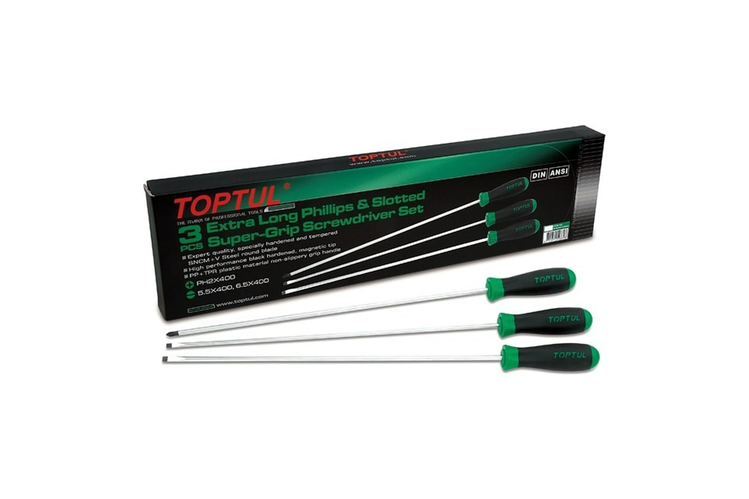 Набор отверток TOPTUL EXTRA LONG SL5.5, SL6.5, PH2, 400 мм, 3 шт. GAAE0306