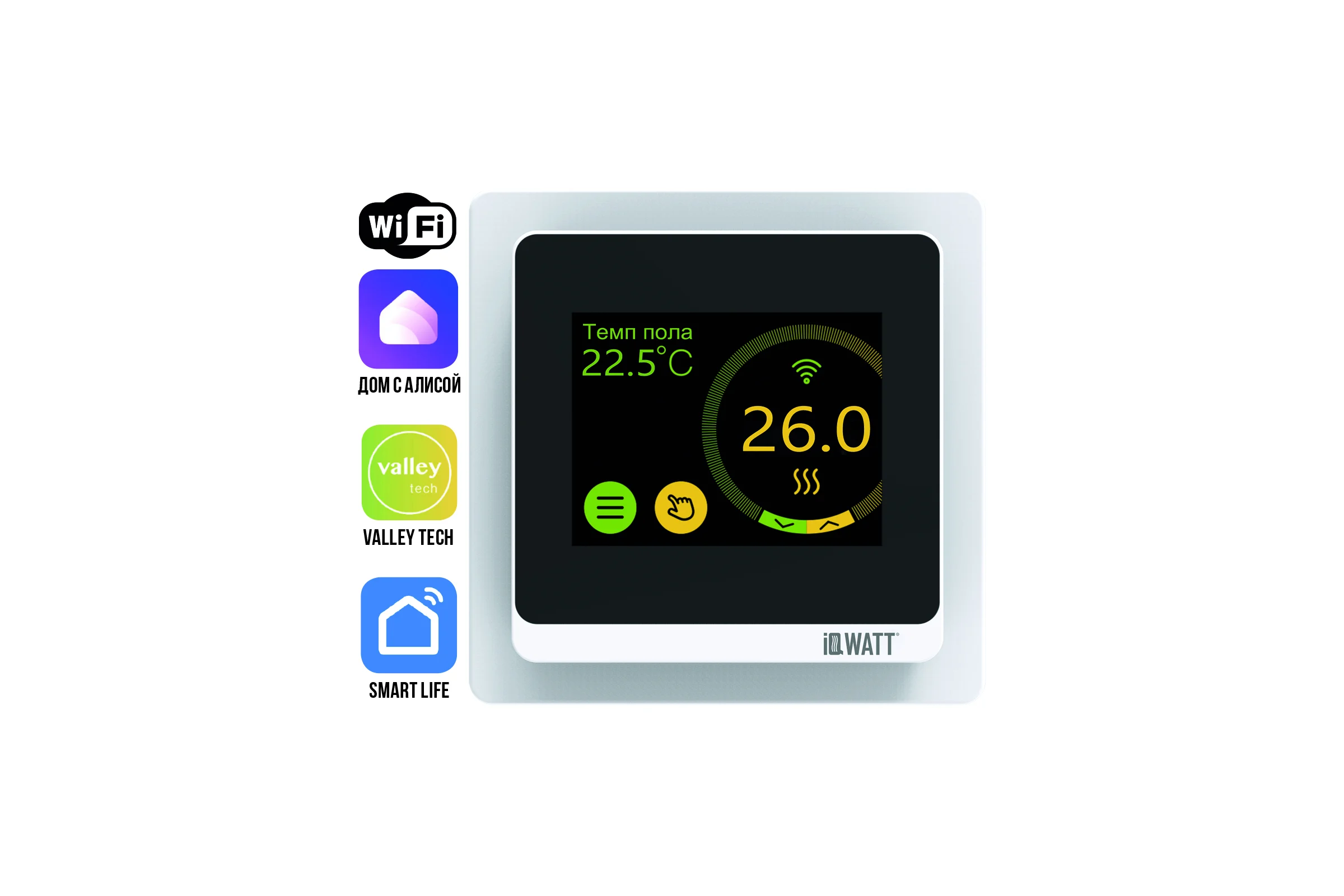 Программируемый терморегулятор с цветным сенсорным tft дисплеем smart heat wi-fi и голосовым управлением алиса (белый) IQWATT 400110