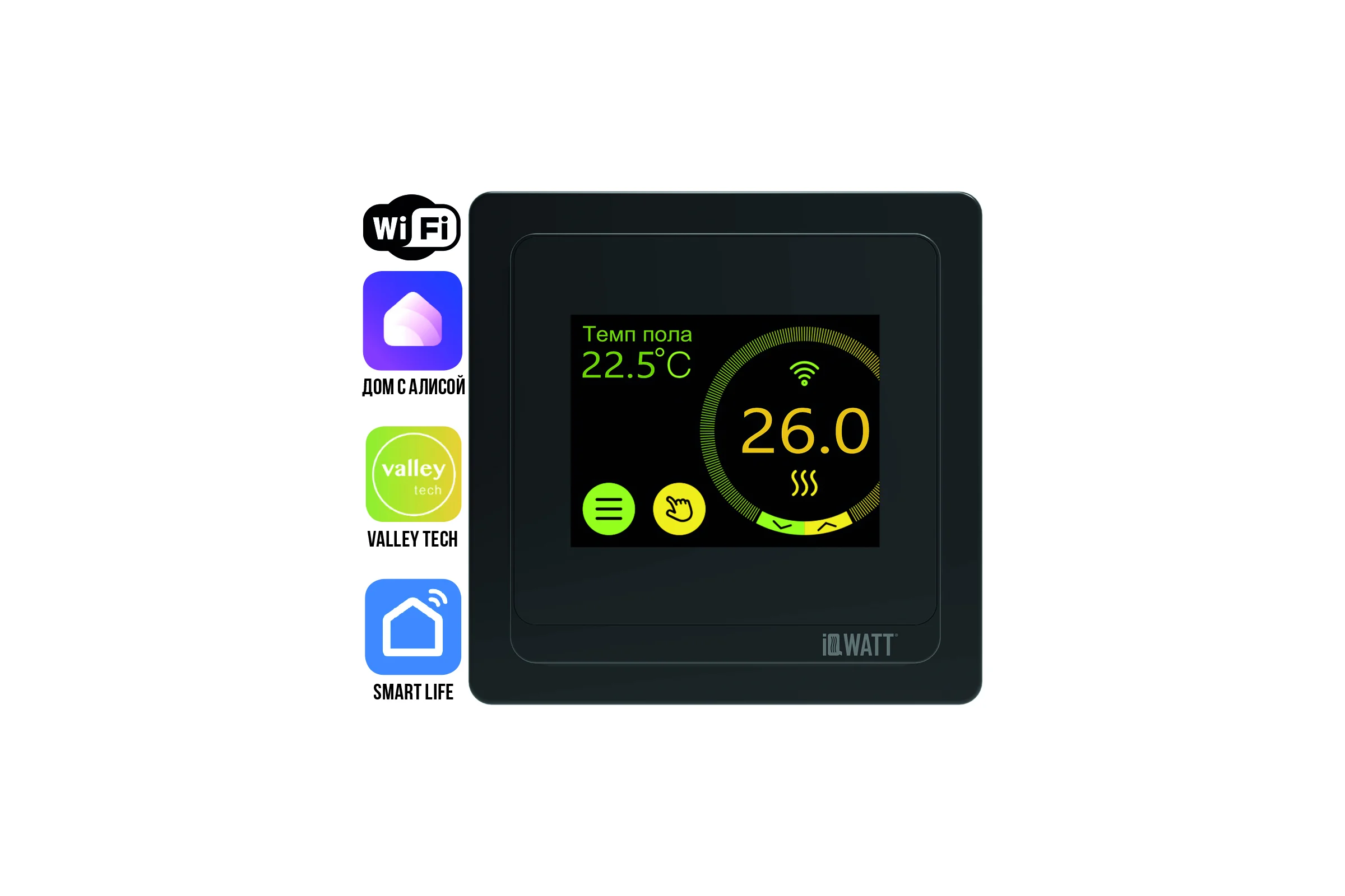 Программируемый терморегулятор с цветным сенсорным tft дисплеем smart heat wi-fi и голосовым управлением алиса (черный) IQWATT 400111