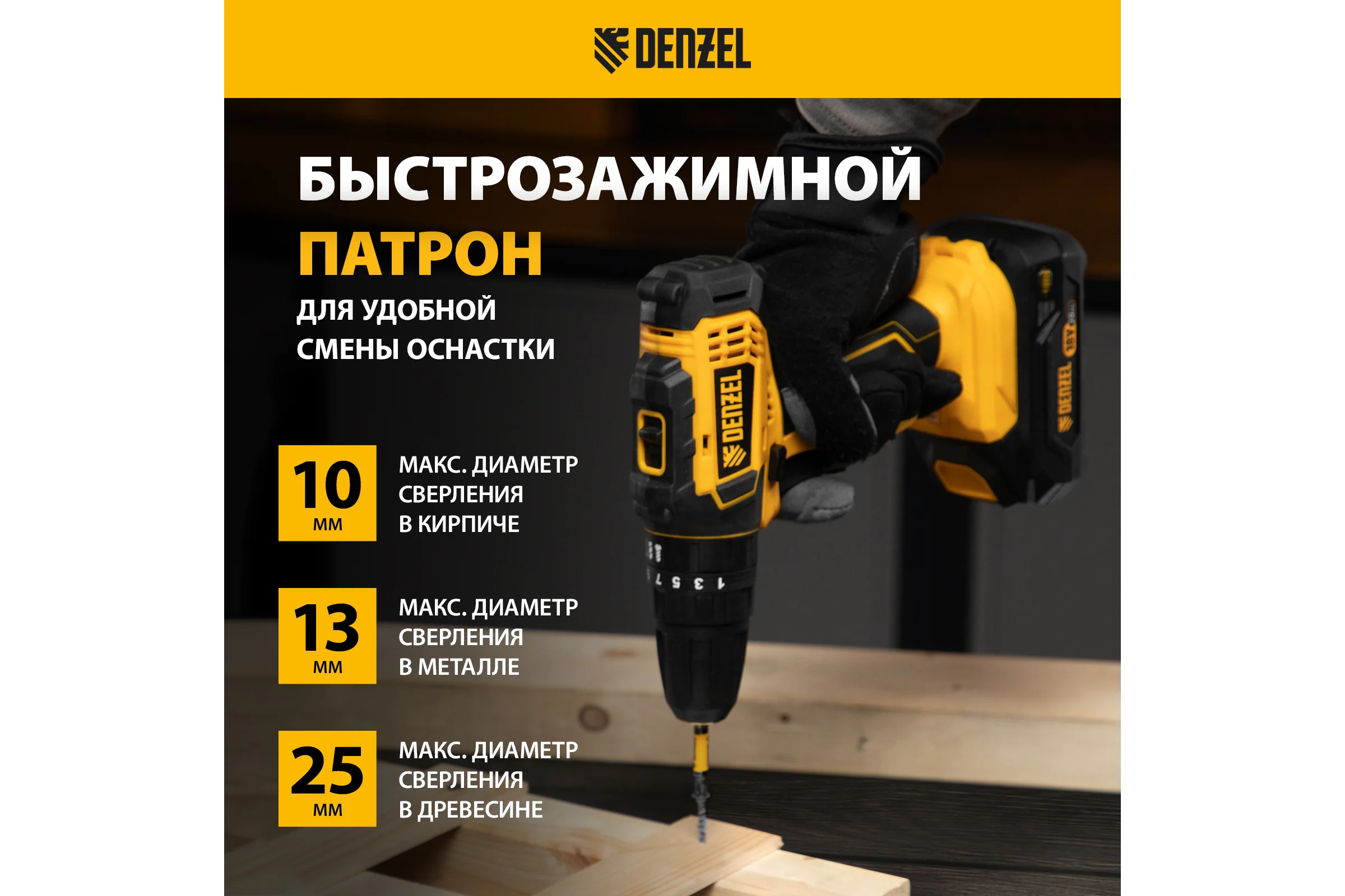 Аккумуляторная ударная дрель-шуруповерт Denzel cid-18-02bm, li-ion, 18 в, 2 акк. 26135