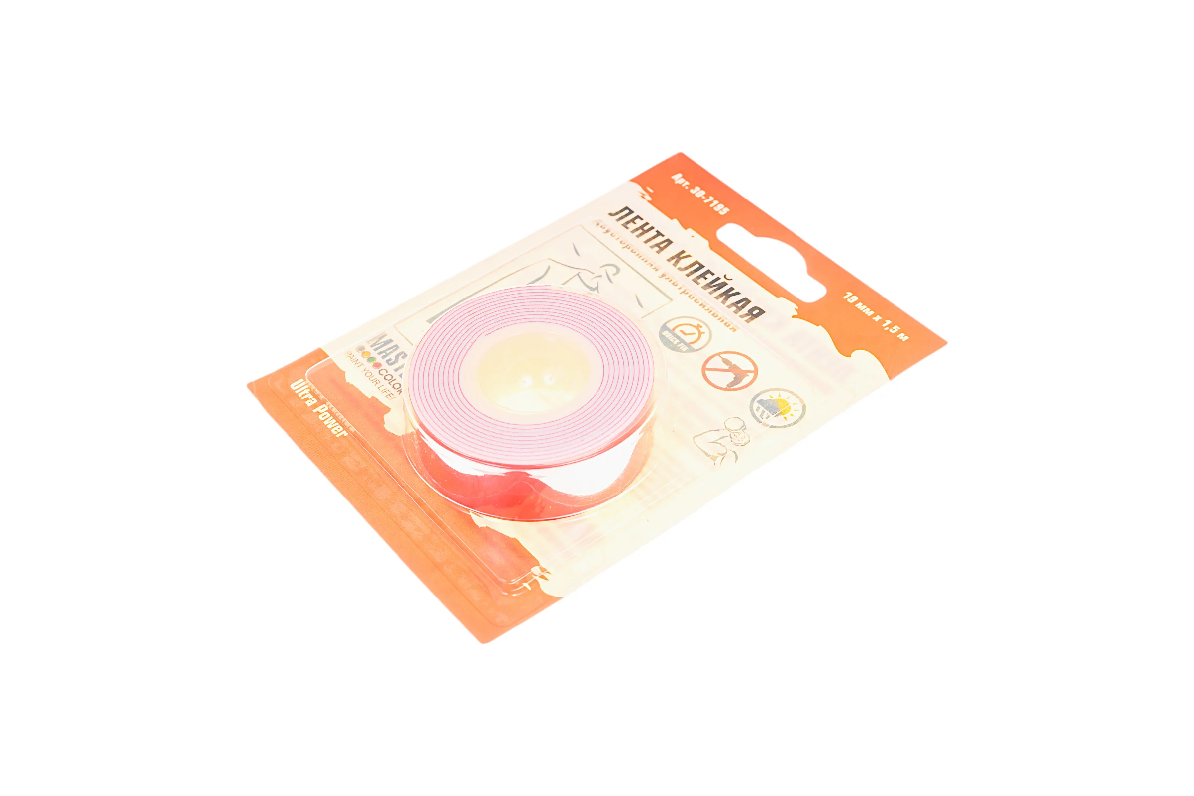 Клейкая двусторонняя лента MASTER COLOR Ultra Power ультра-сильная, 19 мм x 1.5 м, цвет белый 30-7195