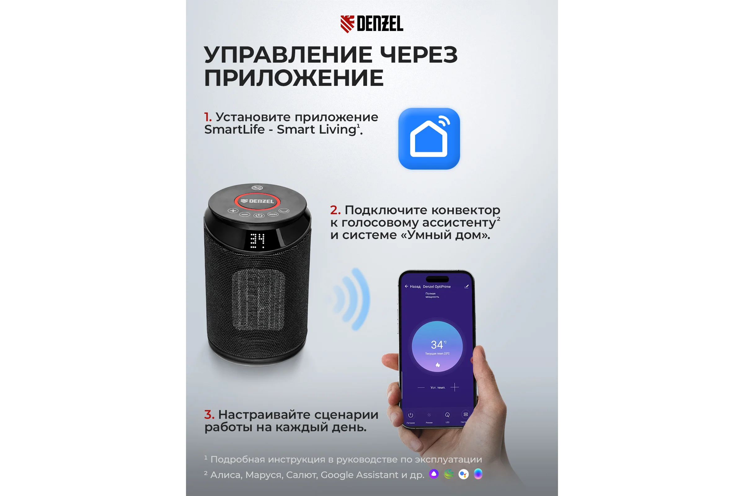 Керамический тепловентилятор Denzel dtfc-2000x, 2 кВт, wi-fi, пульт, динамик, вращение, 3 режима 96426