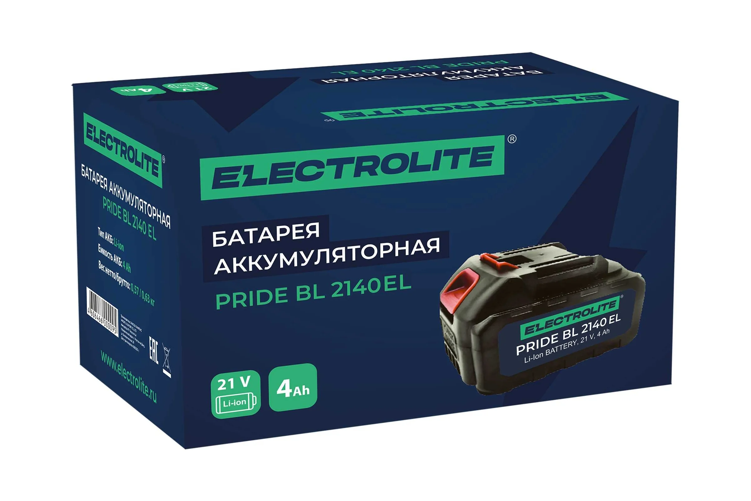 Аккумуляторная батарея Electrolite для шуруповерта, болгарки ушм, дрели, акб для электроинструмента, pride bl 2140 EL 21в, 4 ам/ч, литий-ионная 5567