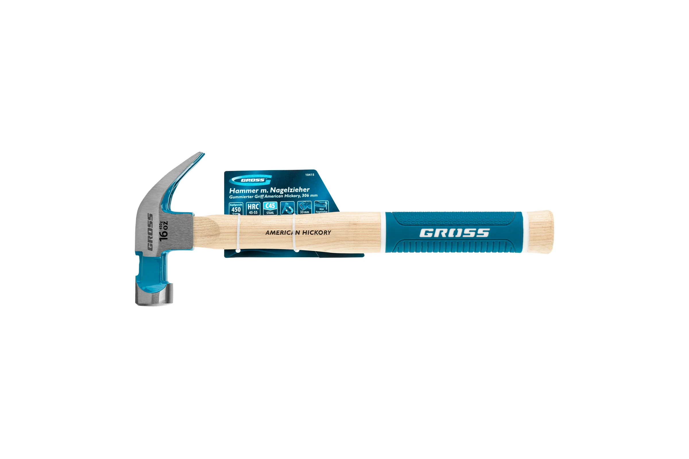 Молоток-гвоздодер GROSS American hickory 450г, угол 45, магнит, обрезиненная рукоятка 10415