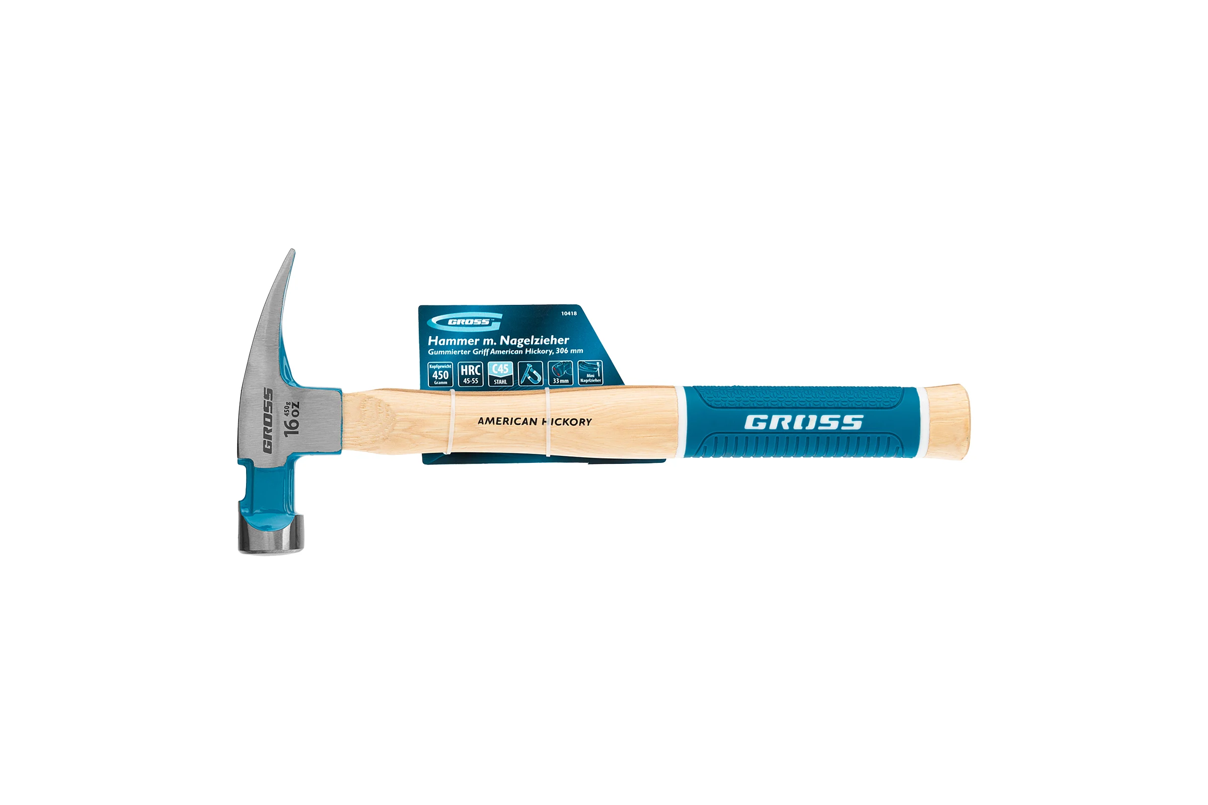 Молоток-гвоздодер GROSS American hickory 450г, угол 75, магнит, обрезиненная рукоятка 10418