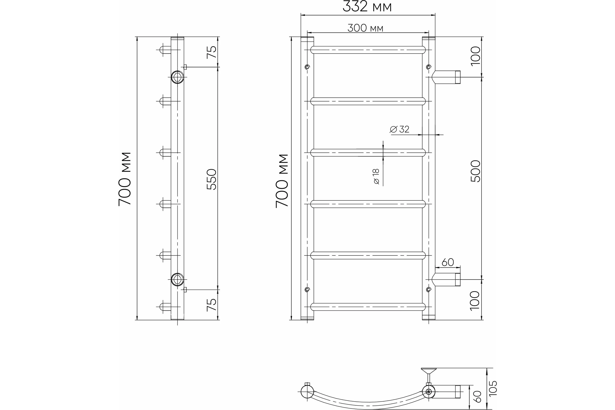 Водяной полотенцесушитель INDIGO Arc б/п н.р.1" 70/30 м/о 50 бок.подкл. к-2, полиров. LASW70-30-б/п-50