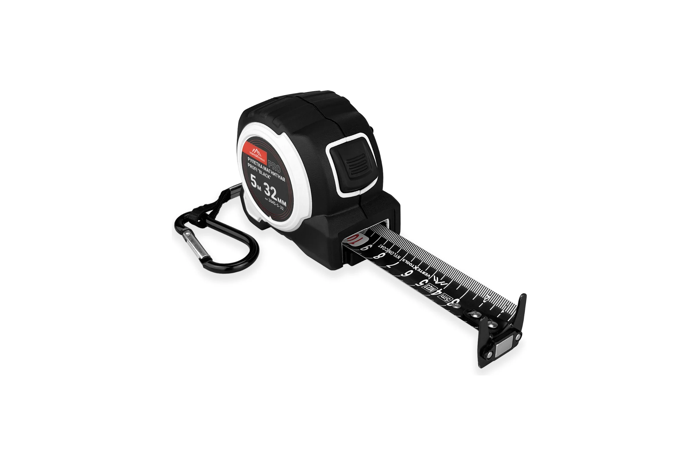 Рулетка vertextools profi "black" магнитная, автостоп, нейлон 5x32мм 3045-5-32