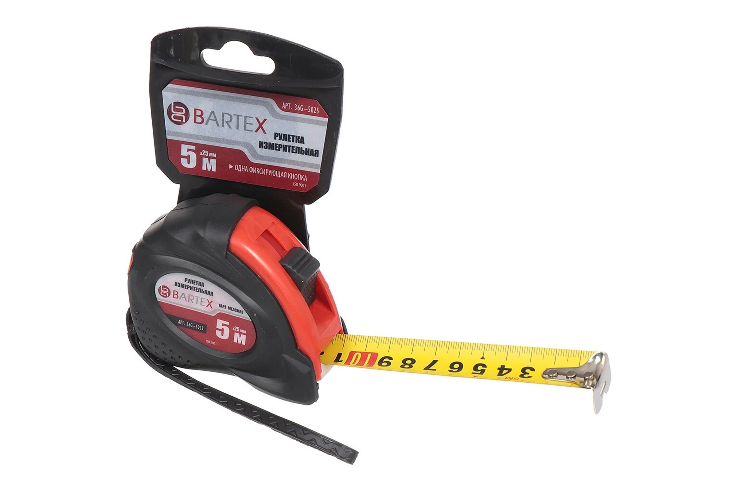 Рулетка BARTEX 5 м, обрезиненный пластик, 25 мм, с фиксатором, + кнопка 310326