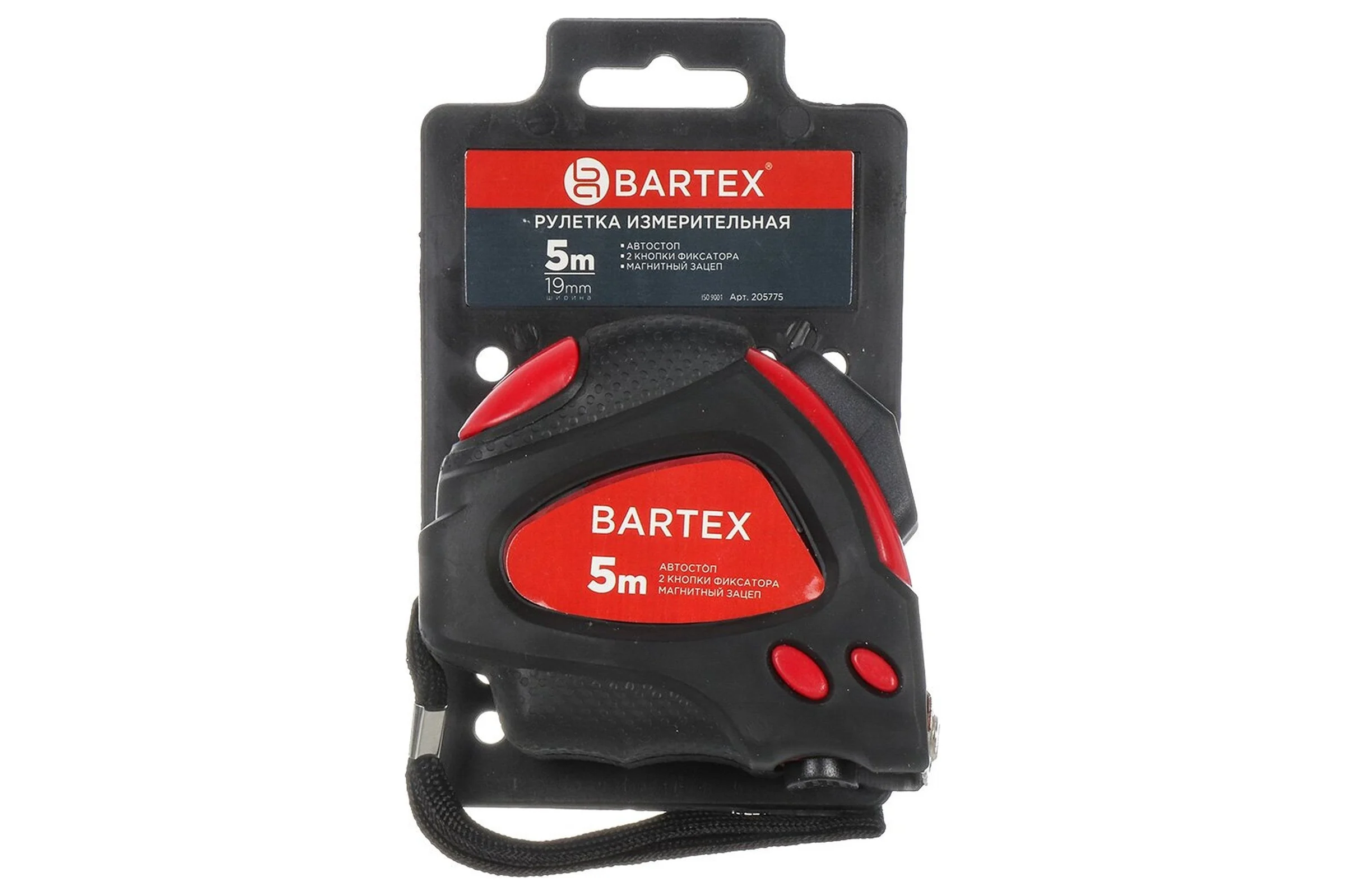Рулетка BARTEX 5 м, обрезиненный пластик, магнитная, 19 мм, с автостопом, + 2 кнопки 205775