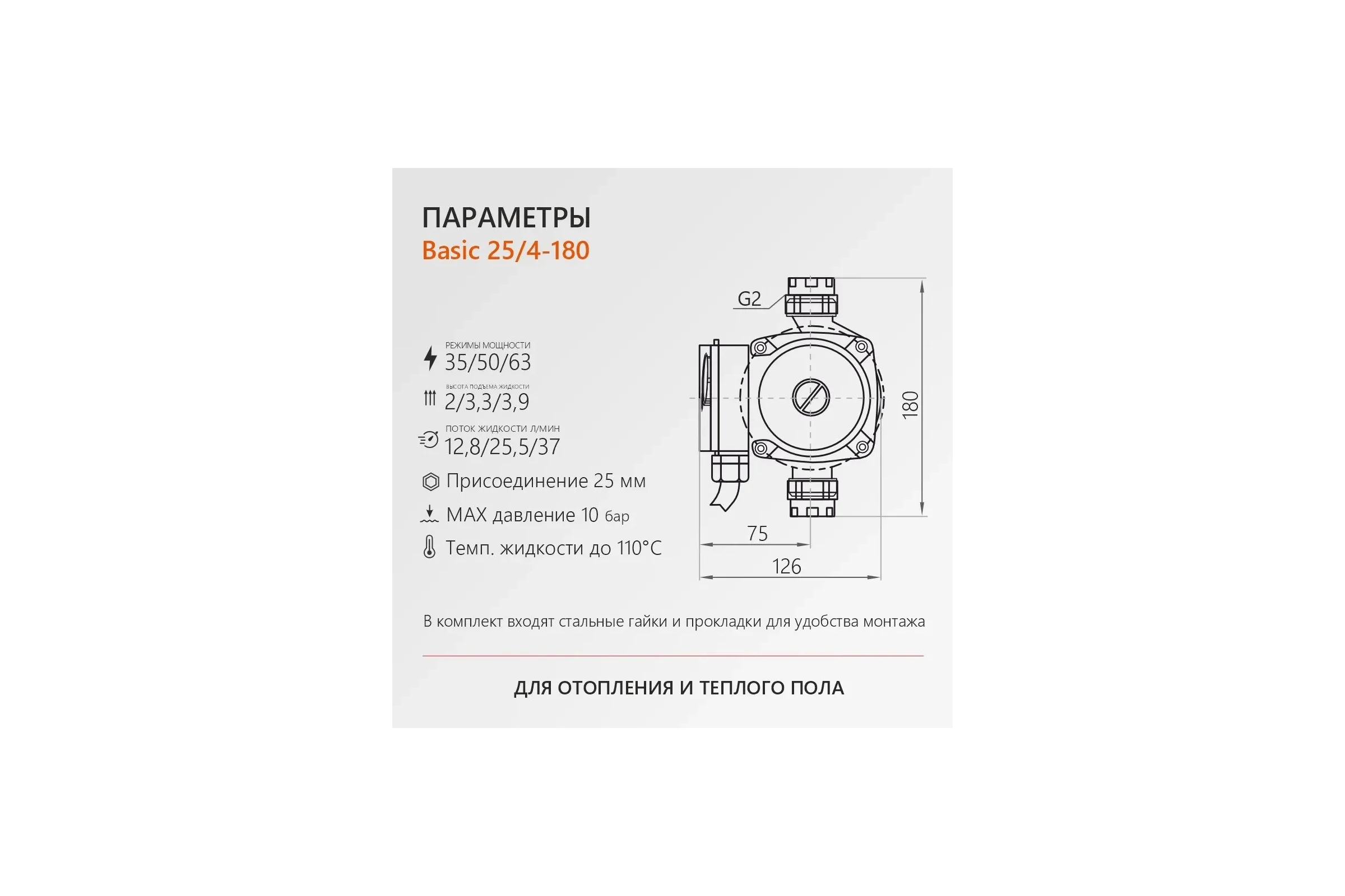 Циркуляционный насос PROFLINE basic 25/4-180 (гайки, кабель) УТ-00047612
