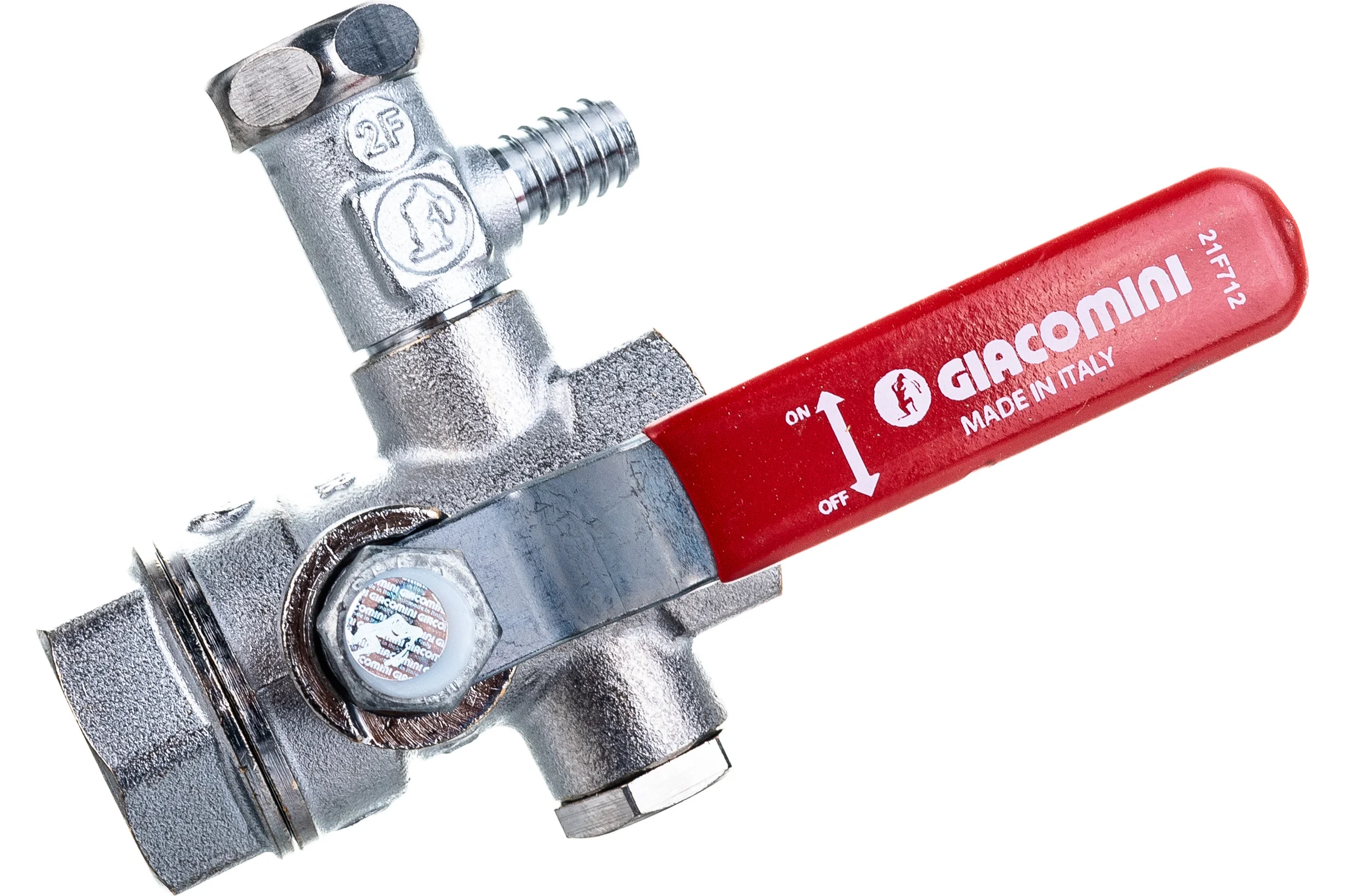 Шаровой кран Giacomini R250DS 1/2", внутренняя/внутренняя, ручка-рычаг красный, хромированный, со сливом R250SX003