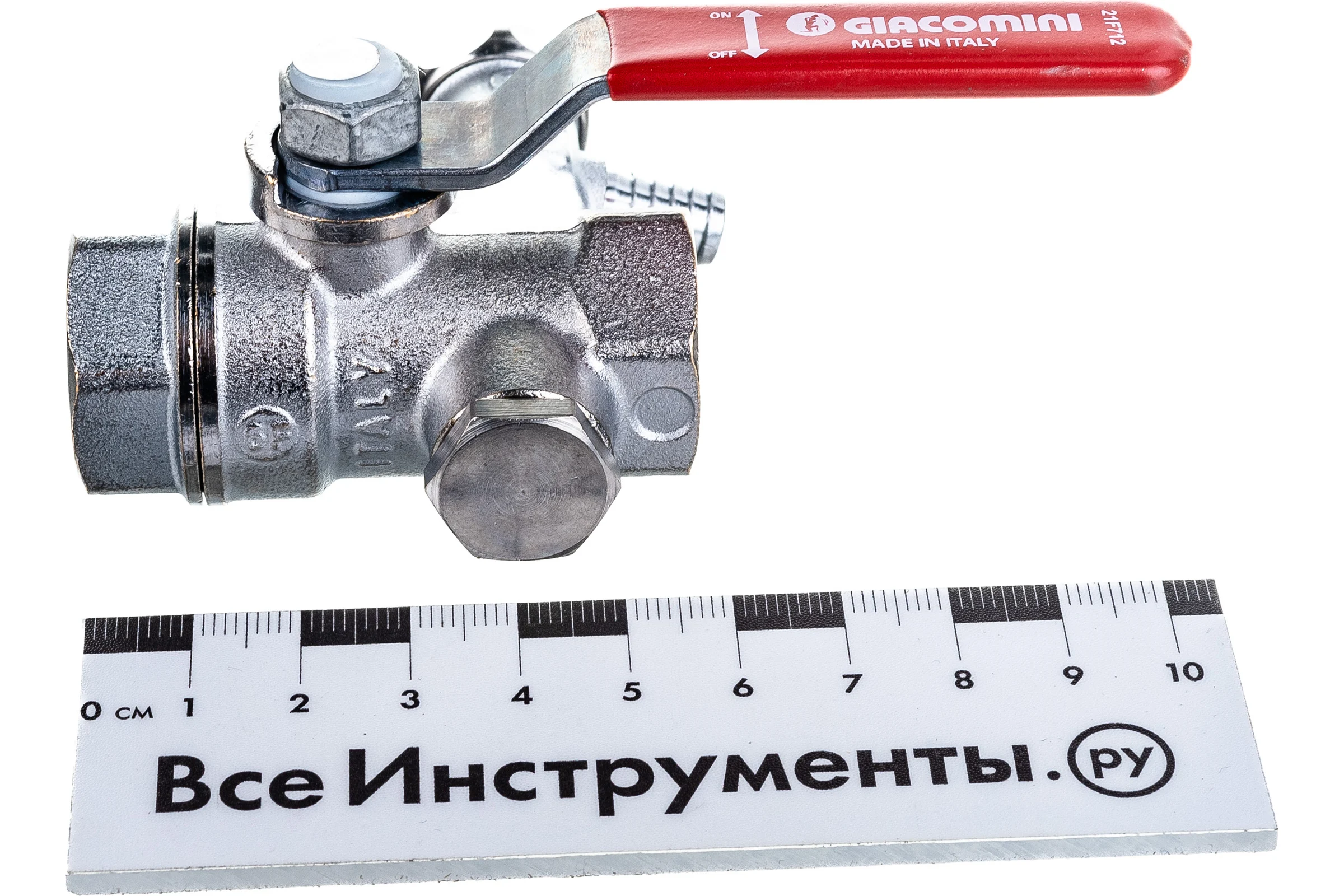 Шаровой кран Giacomini R250DS 1/2", внутренняя/внутренняя, ручка-рычаг красный, хромированный, со сливом R250SX003