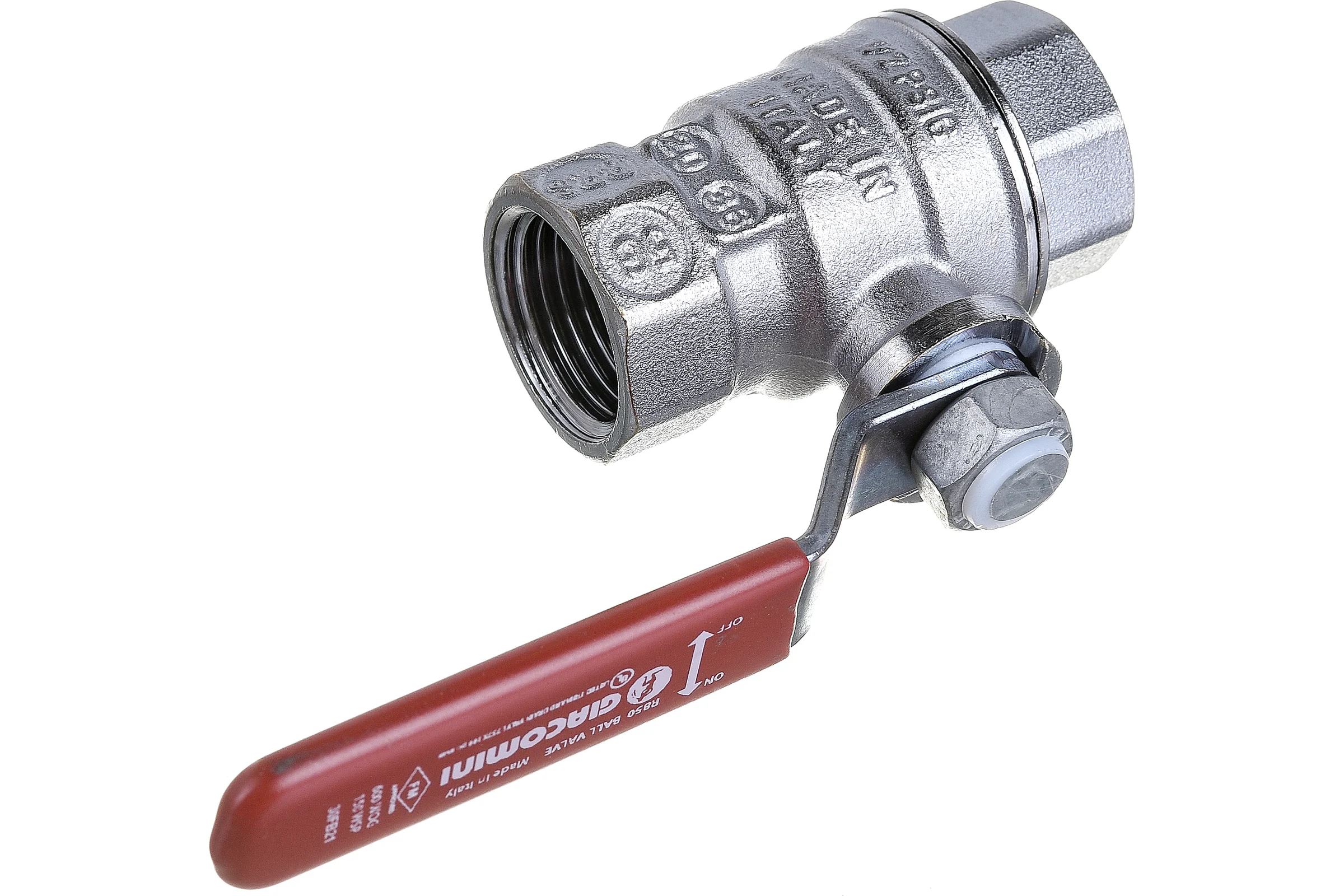 Шаровой кран Giacomini R850 1/2", внутренняя/внутренняя, ручка-рычаг красный, хромированный R850X023