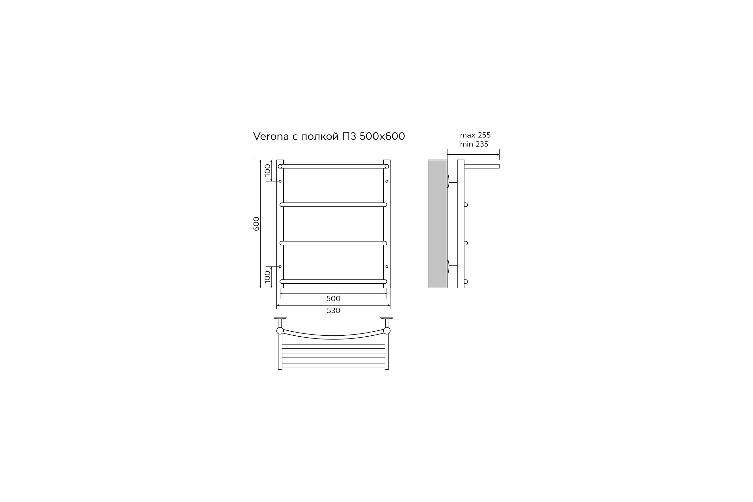 Водяной полотенцесушитель Azario VERONA 500/600 c полкой, 3 перекладины, 1"-1/2", полированный 00088176
