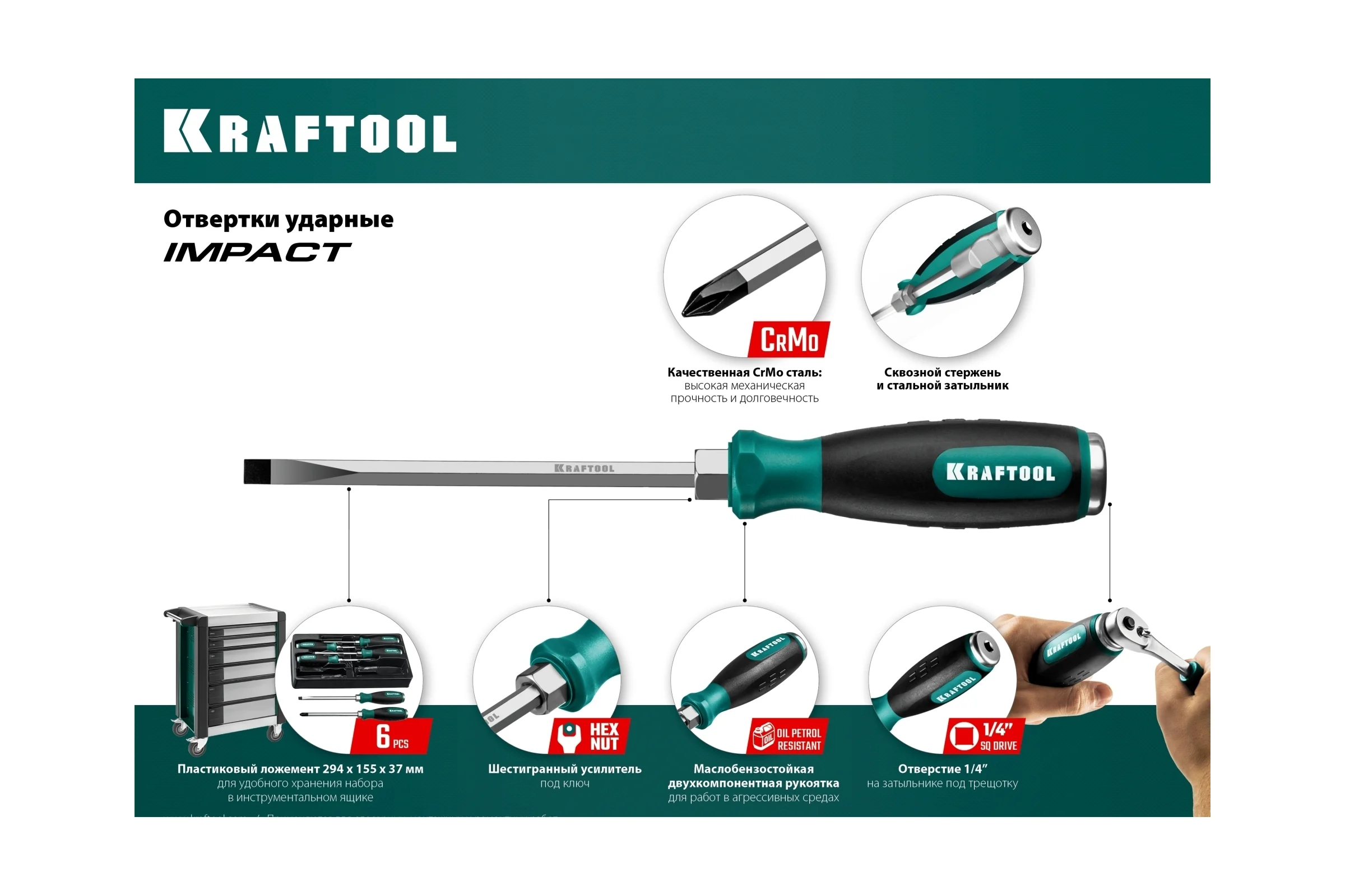 Ударная отвертка KRAFTOOL Impact PH 2 , сквозной стержень из Cr-Mo стали, 250034-2