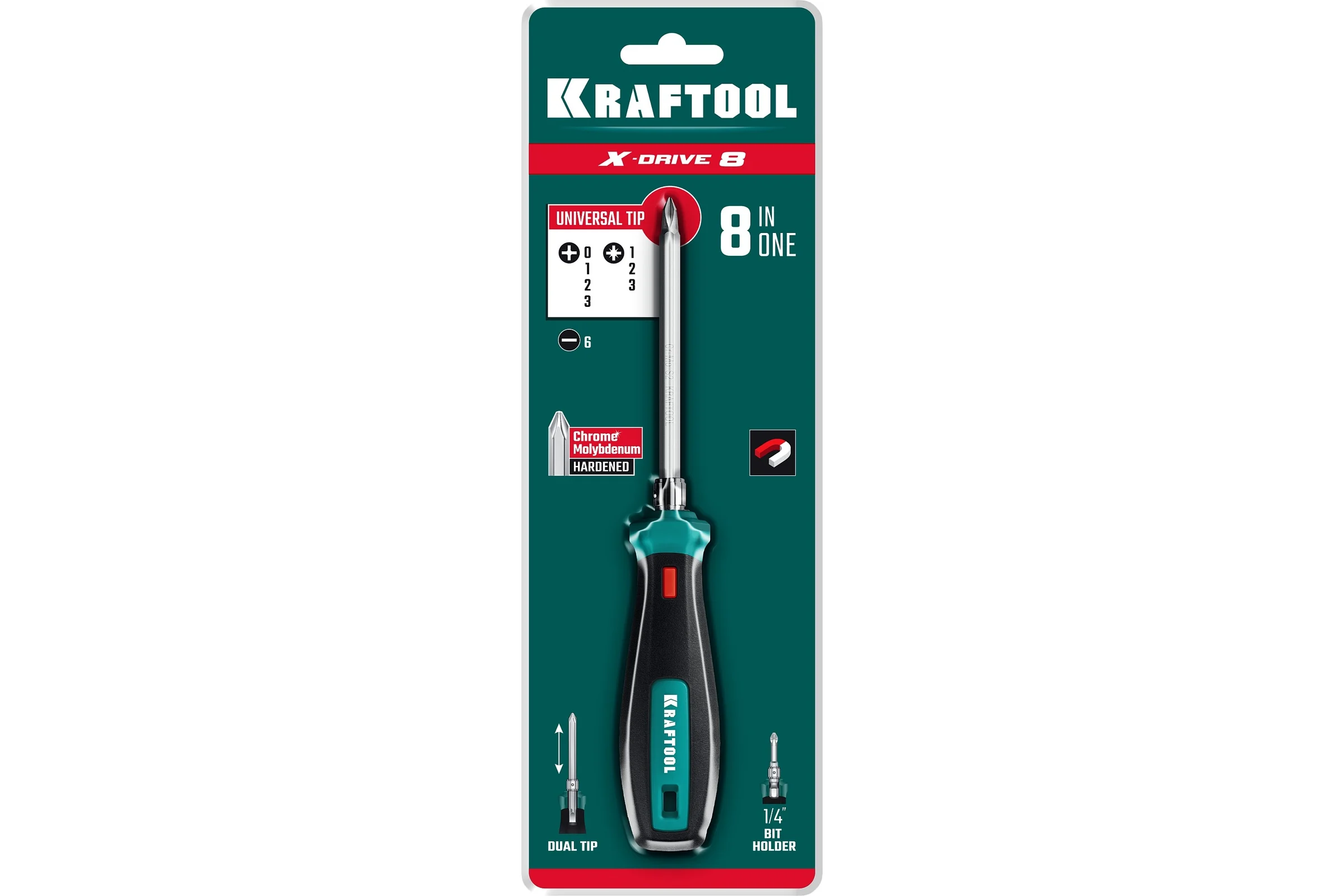 Универсальная отвертка Kraftool с двусторонним стержнем PH0-1-2-3 PZ1-2-3 SL 6 мм 8 в 1 26168