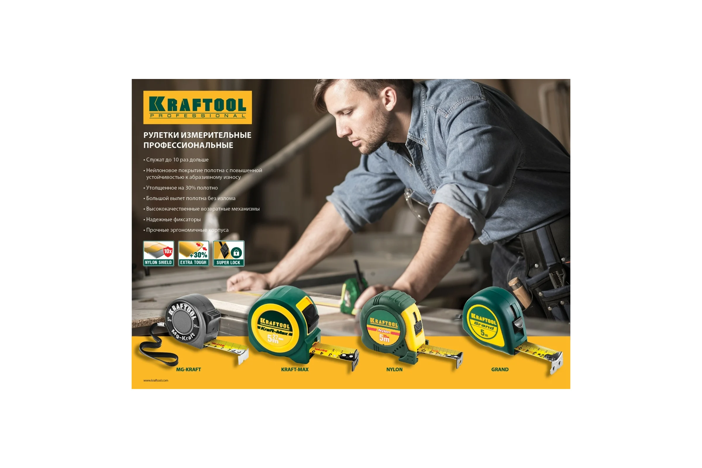 Рулетка Kraftool PRO MG-Kraft, особопрочный корпус, Mg сплав, нейлон, суперкомпактный размер, 5м 19м 34129-05-19