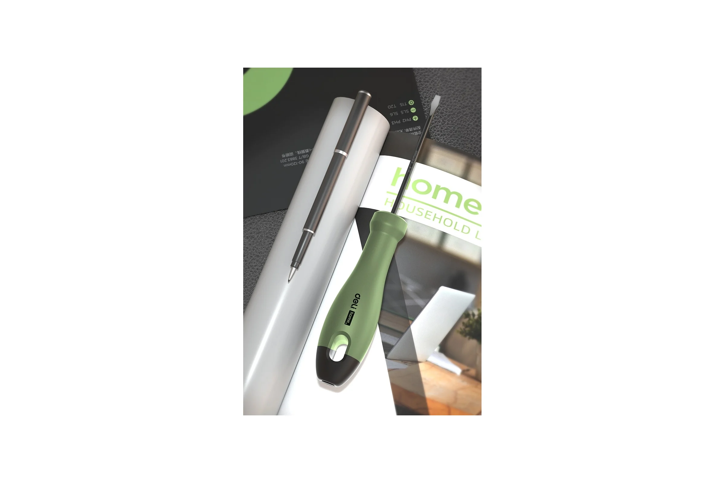 Шлицевая отвёртка Deli "Home Series Green" HT1103L SL3x75мм (Cr-V, Soft Touch рукоять, эксклюзивный дизайн, подарочная упаковка) 130292
