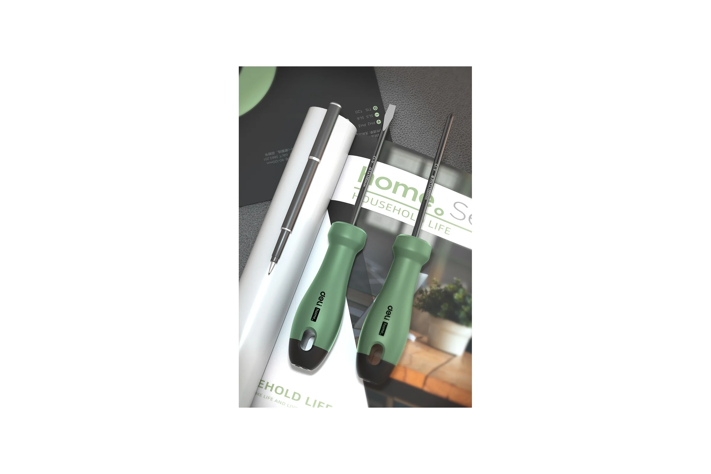 Набор отверток Deli «Home Series Green» HT1004L 4шт (PH1x100, PH2x150, SL5x100, SL6x150, Cr-V, Soft Touch рукоятка, эксклюзивный дизайн) 130275