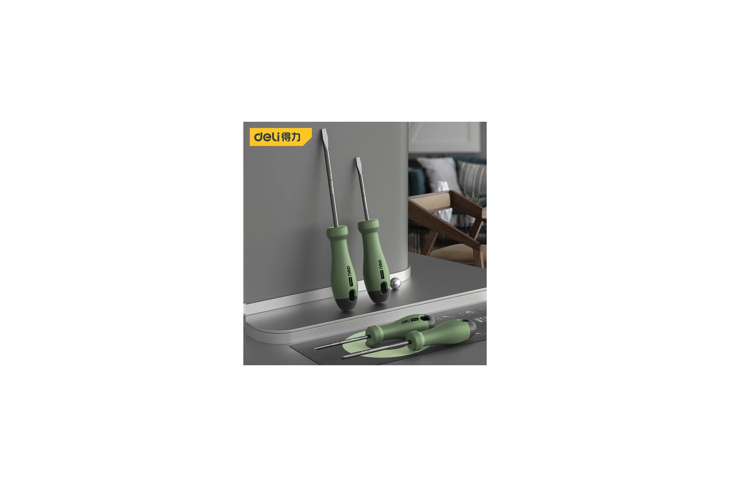 Набор отверток Deli «Home Series Green» HT1004L 4шт (PH1x100, PH2x150, SL5x100, SL6x150, Cr-V, Soft Touch рукоятка, эксклюзивный дизайн) 130275