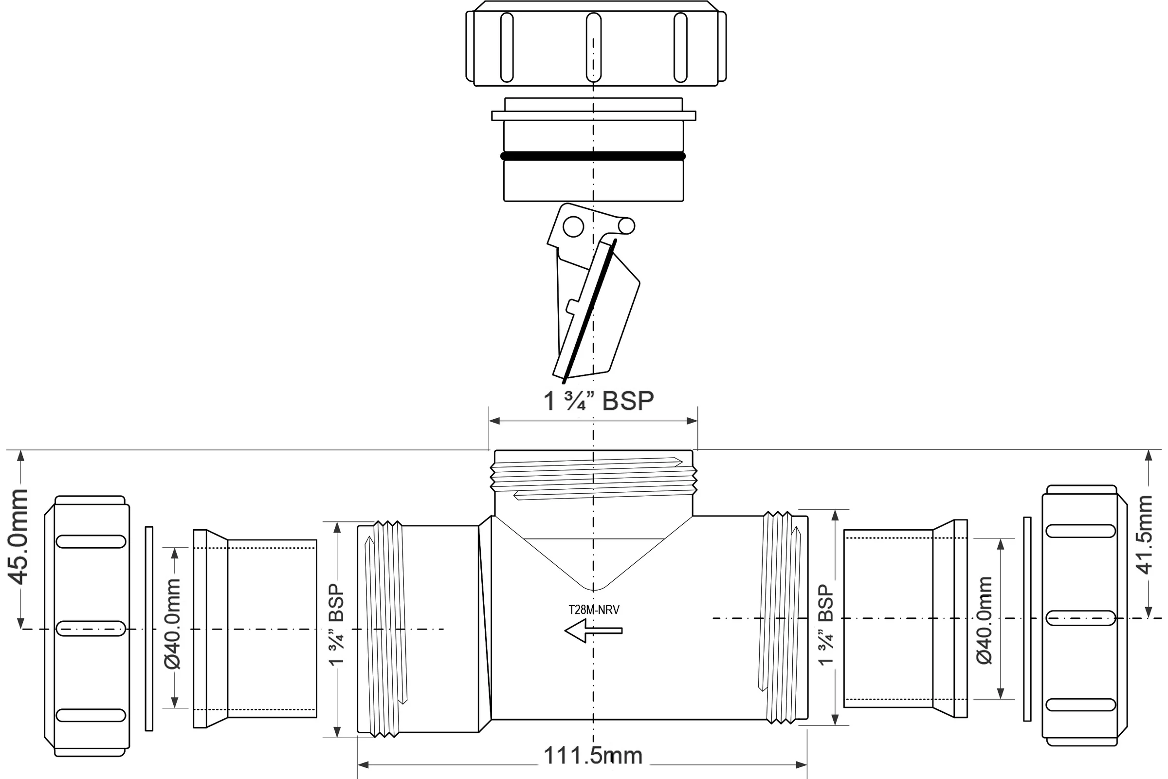 Обратный клапан McAlpine D=40х40 мм, компрессионное соединение T28M-NRV-40