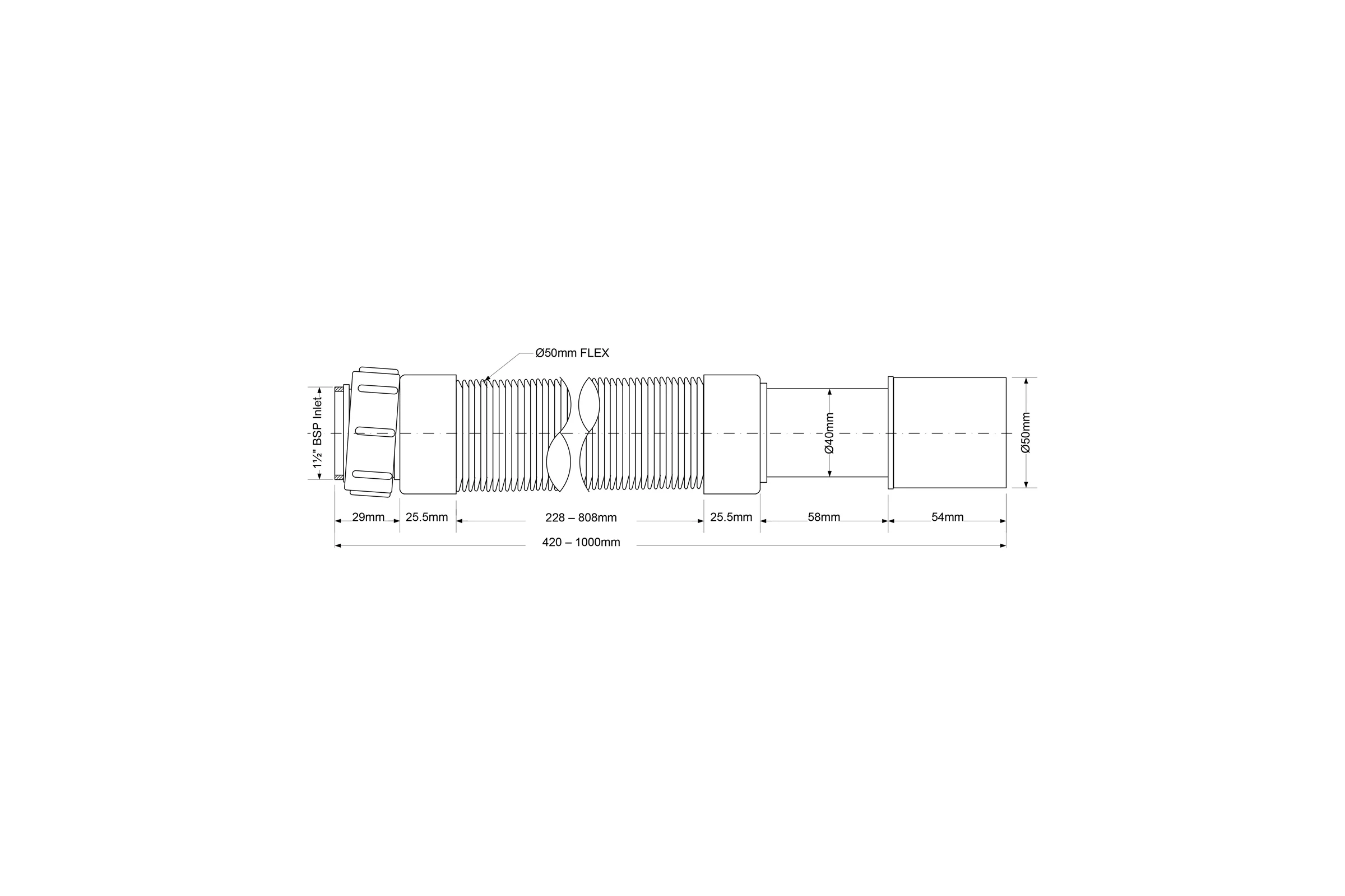 Гофрированная труба McAlpine раздвижная, L290-500 х 50 мм, вход 1 1/4", В, выход D=40/50 мм MRMF105S