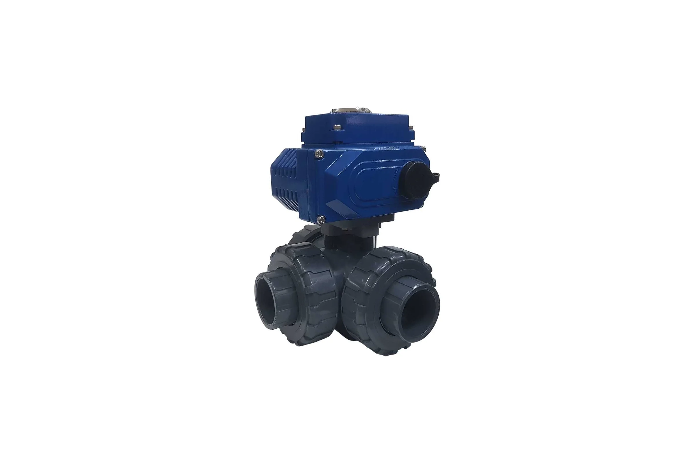 Трехходовой ПВХ шаровый кран TECHNO 3050PVC-NP50DF24V DN50, с электроприводом 50Нм, 24В, управление открыто/закрыто 673502