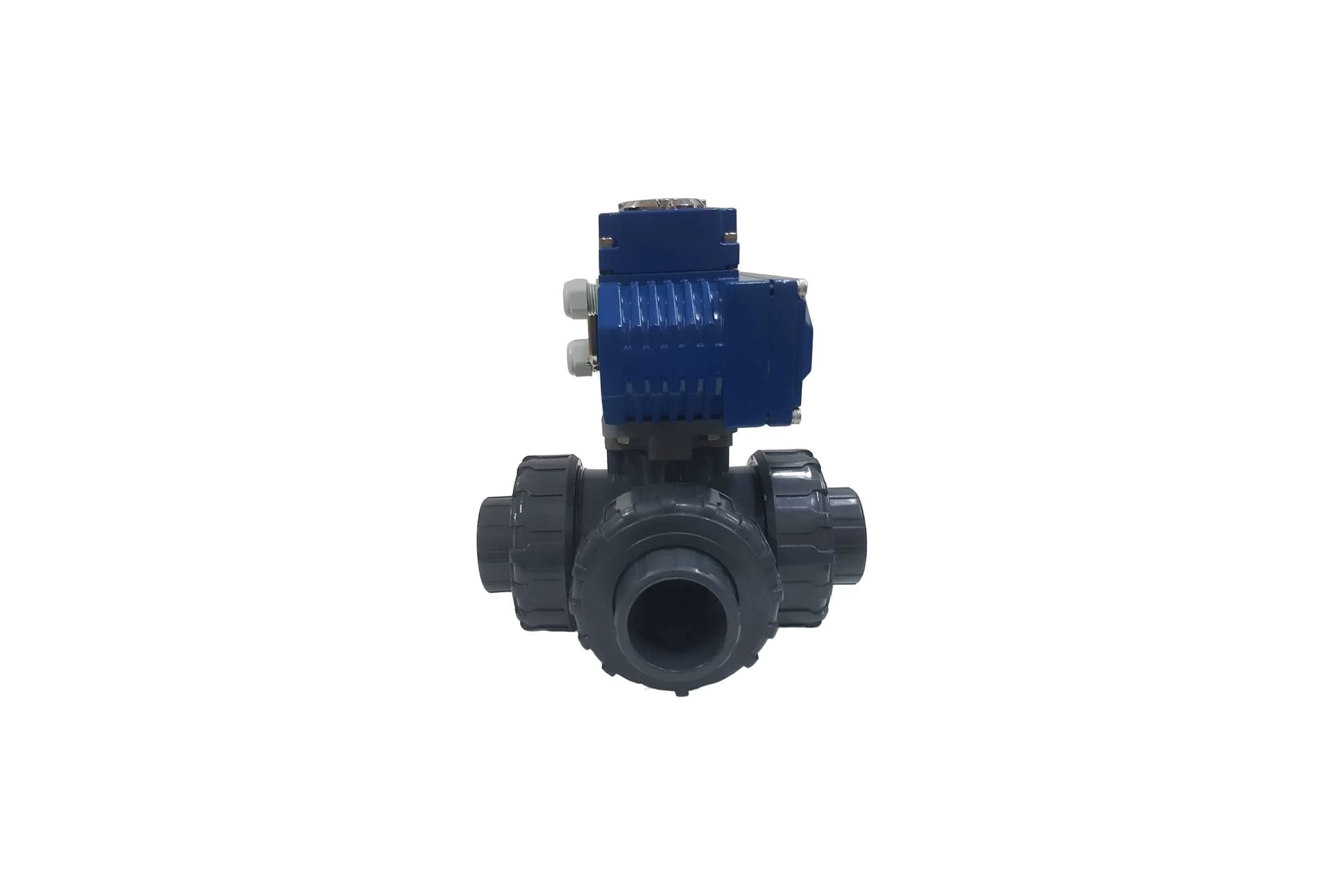 Трехходовой ПВХ шаровый кран TECHNO 3050PVC-NP50DF24V DN50, с электроприводом 50Нм, 24В, управление открыто/закрыто 673502
