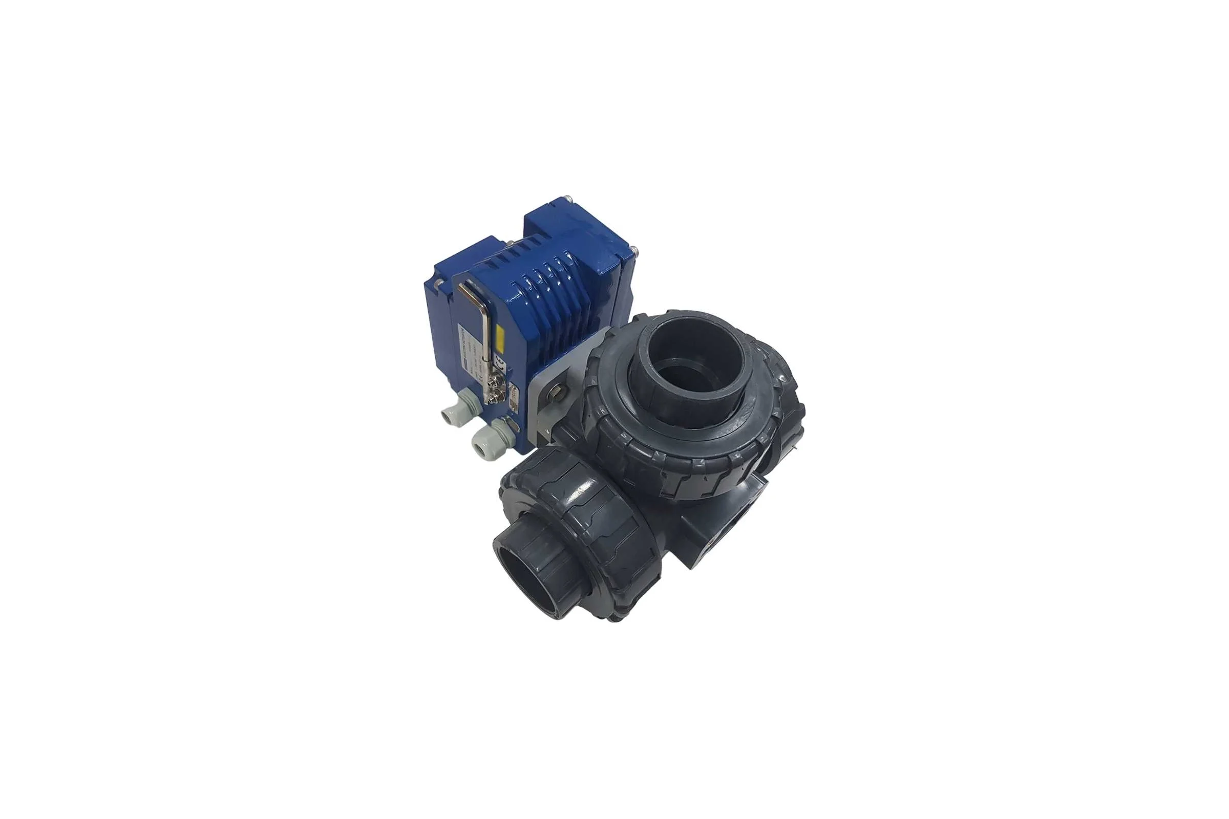 Трехходовой ПВХ шаровый кран TECHNO 3050PVC-NP50DF24V DN50, с электроприводом 50Нм, 24В, управление открыто/закрыто 673502