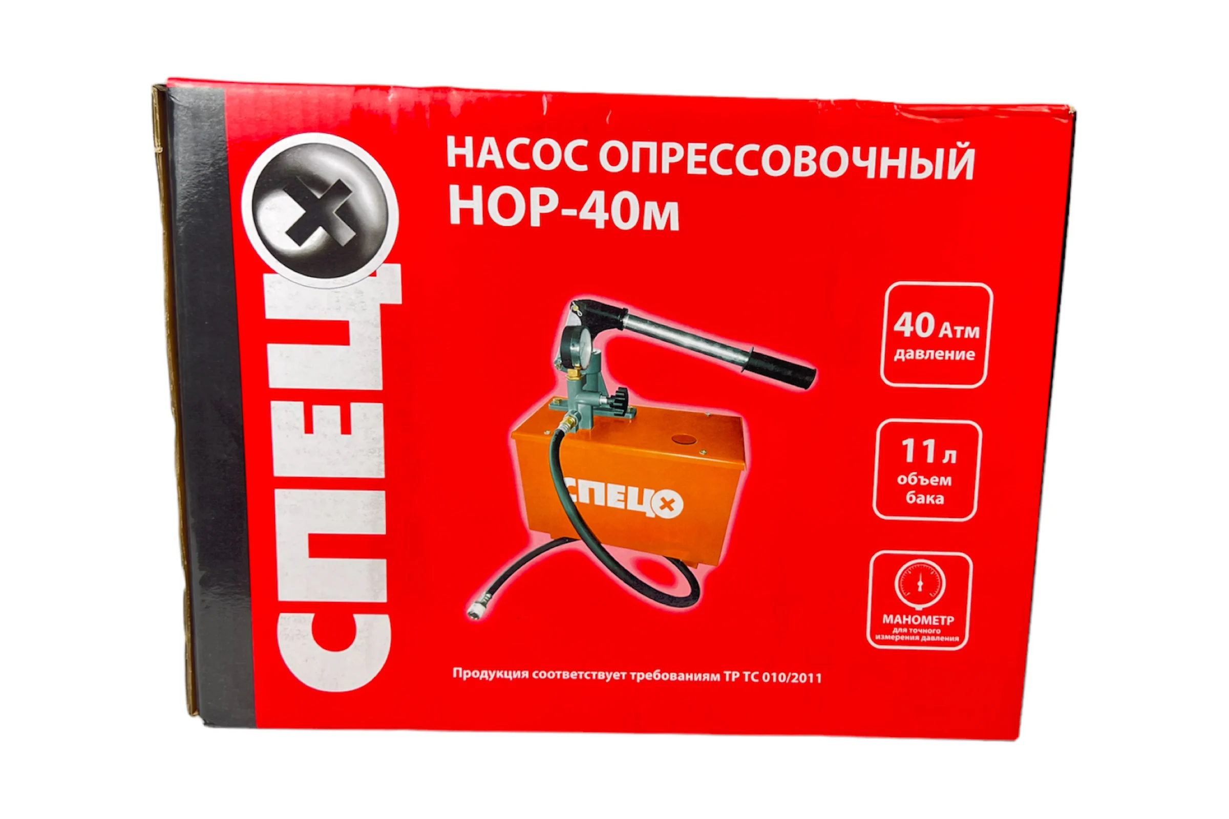 Насос опрессовочный СПЕЦ НОР-40 м, 40 атм, 11 л бак, шланг 1 м, картонная упаковка + перчатки СПЕЦ-3364/8076