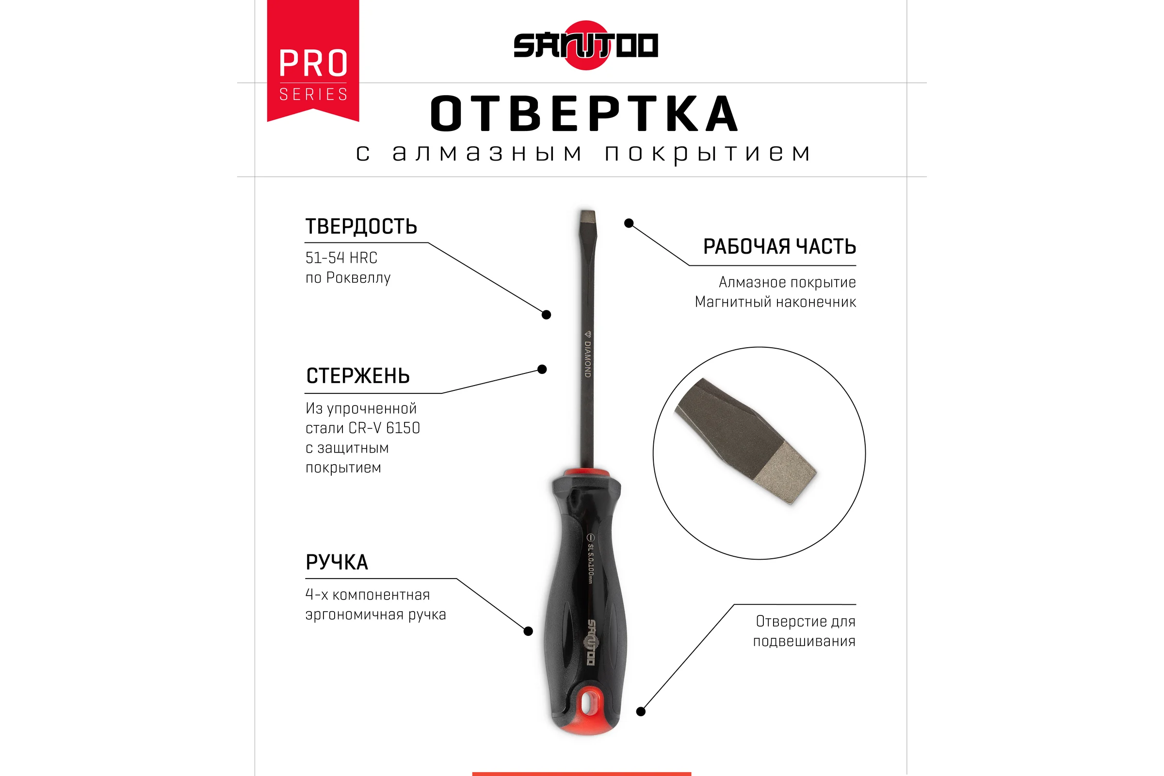 Отвертка Sanitoo PRO Diamond SL6.0x100 мм, с алмазным покрытием 3202