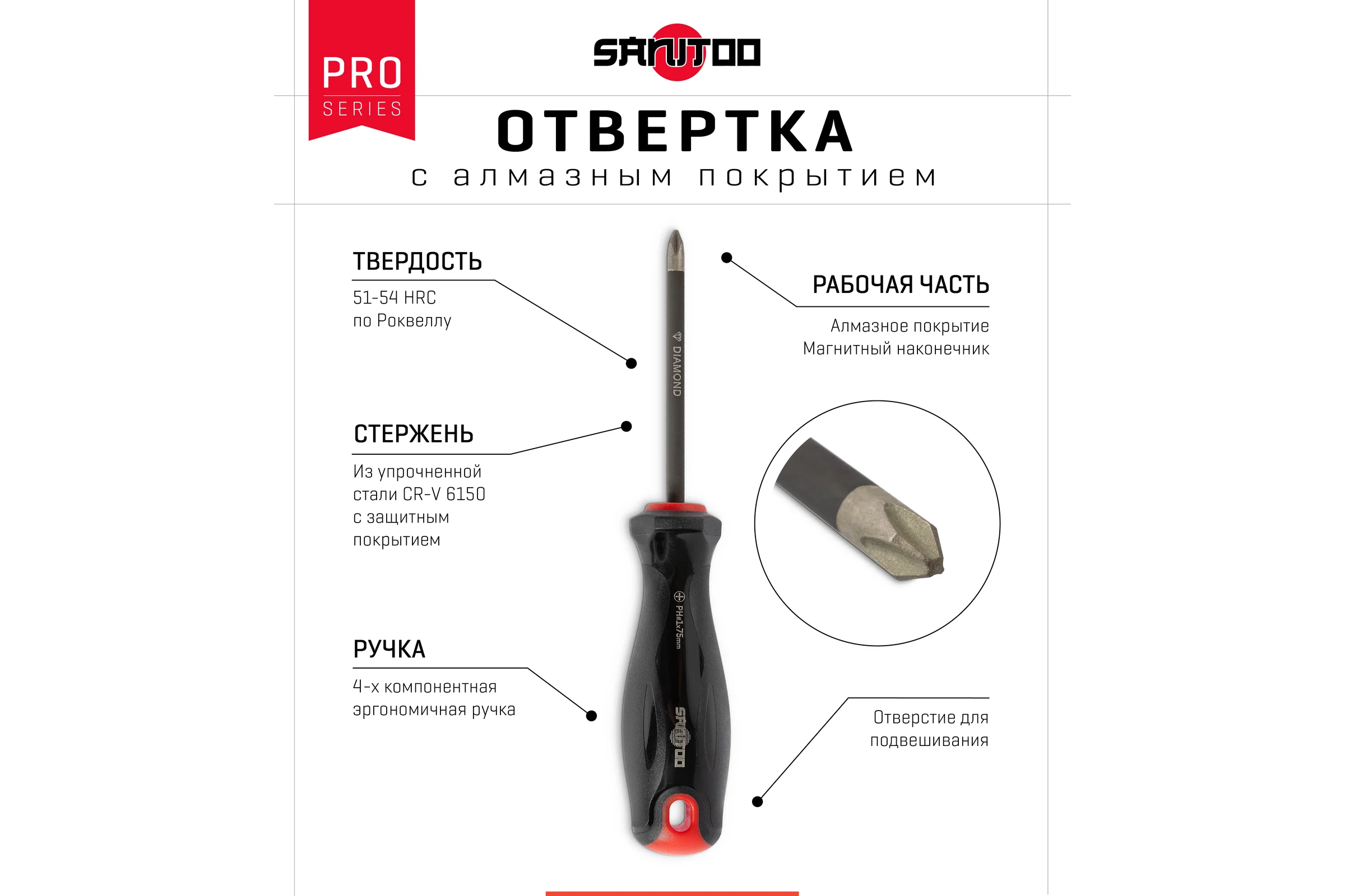 Отвертка Sanitoo PRO Diamond PH1x75 мм, с алмазным покрытием 3206