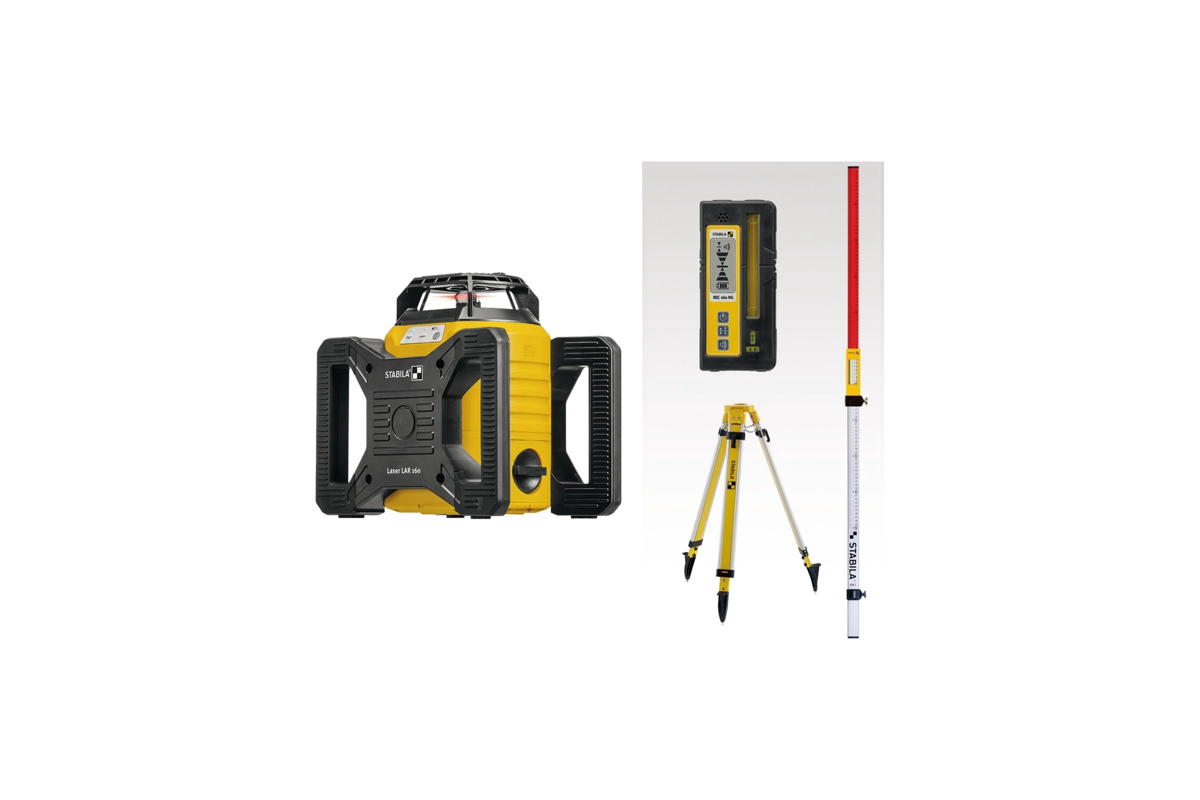 Ротационный лазерный нивелир STABILA LAR 160 + ресивер REC160 RG + строительный штатив BST-S + нивелирная рейка NL + визирная пластина + очки 19241