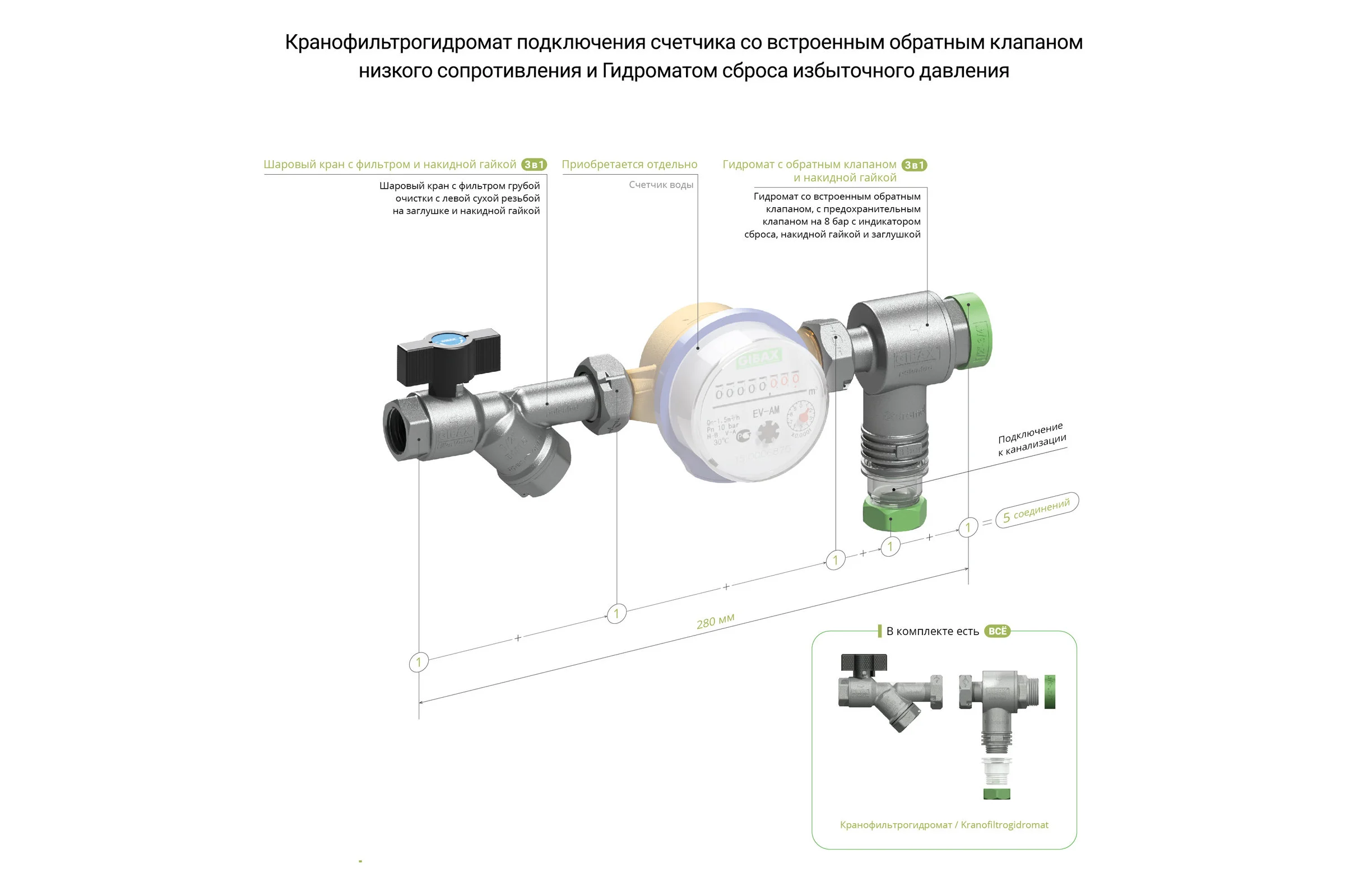 Кранофильтрогидромат (1/2"; 400 мкм) с обратным клапаном для подключения счётчика GIBAX G0030