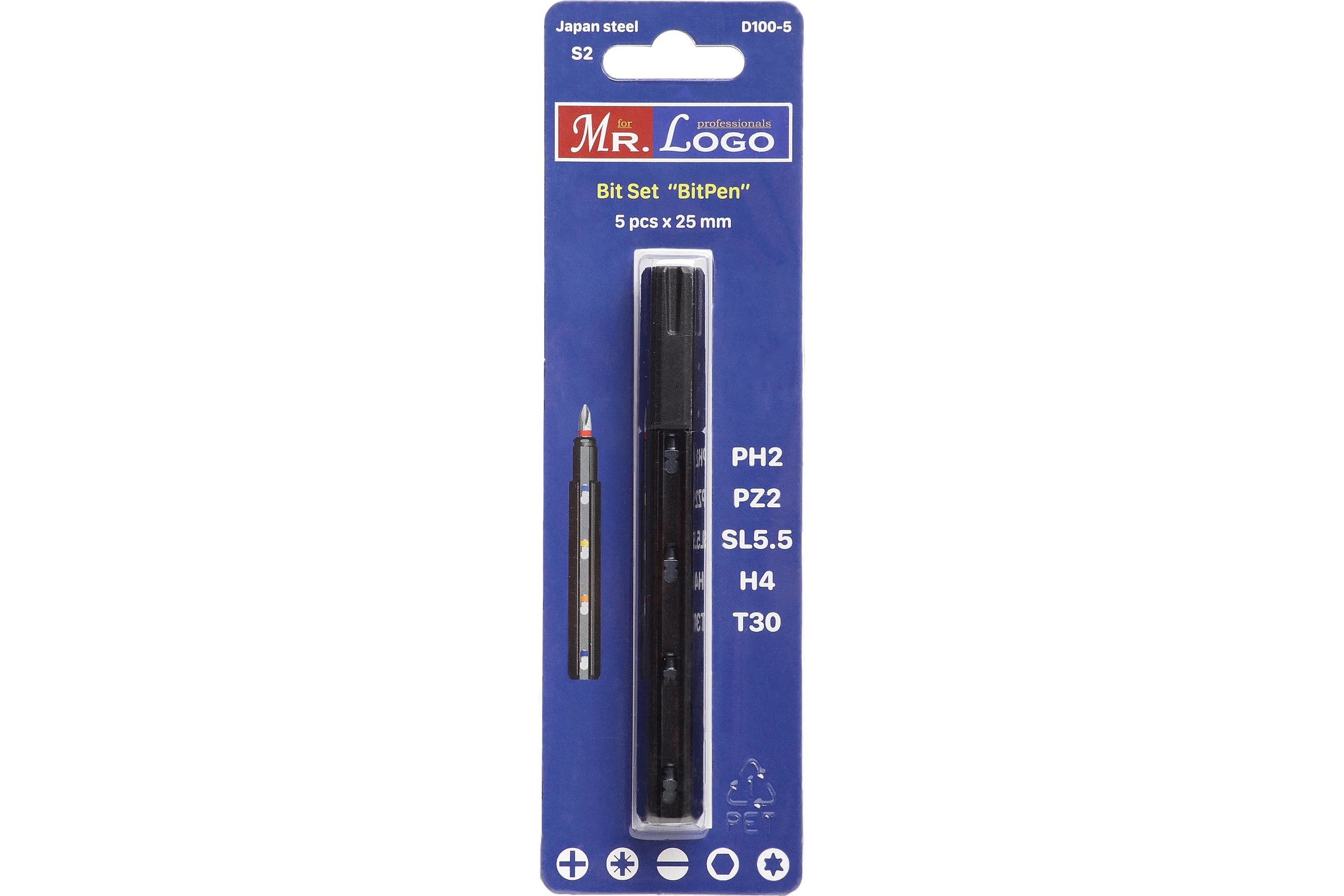 Набор бит с ручкой 5 шт, PH2, PZ2, SL5.5, H4, T30 Mr. Logo D100-5