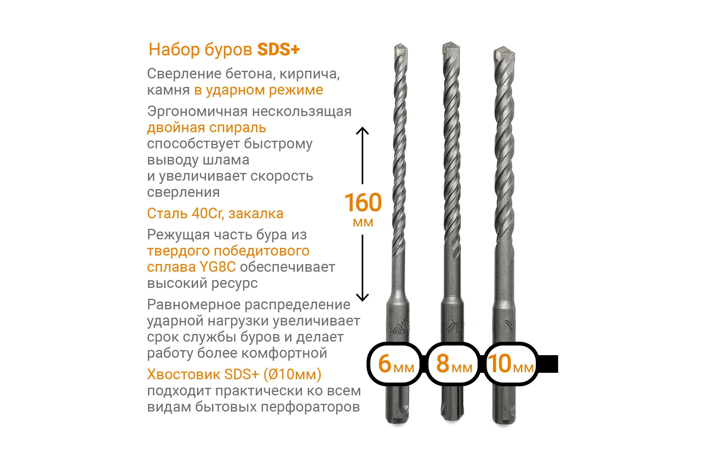 Набор буров по бетону (6/8/10х160 мм; SDS-plus)  3 шт  RAGE by VIRA 564513