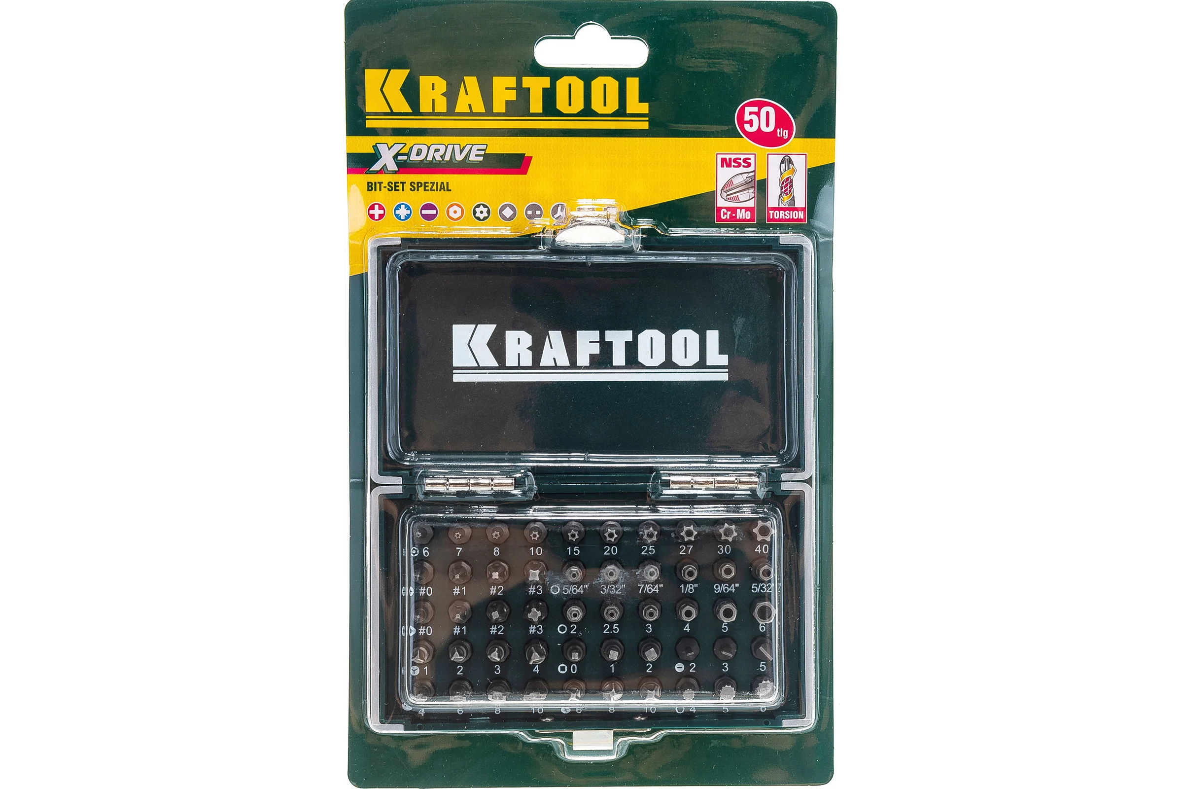 Набор кованых торсионных бит KRAFTOOL X-Drive Cr-Mo, система насечек "NSS", 50 предметов, в боксе 26065-H50