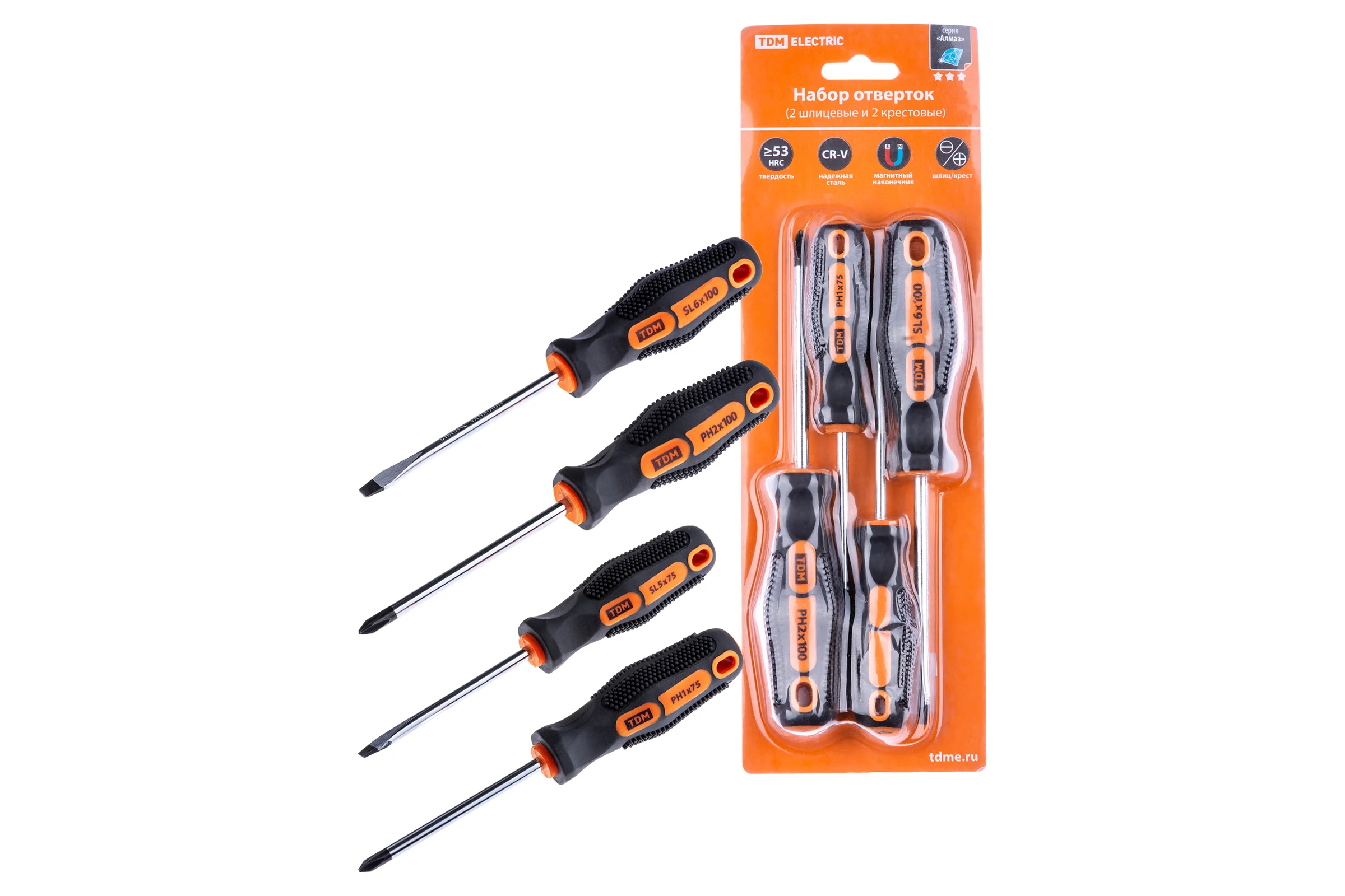 Набор отверток TDM ELECTRIC 4 штуки в блистаре SL5х75, SL6х100, PH1х75, PH2х100 серия"Алмаз" SQ1013-0201
